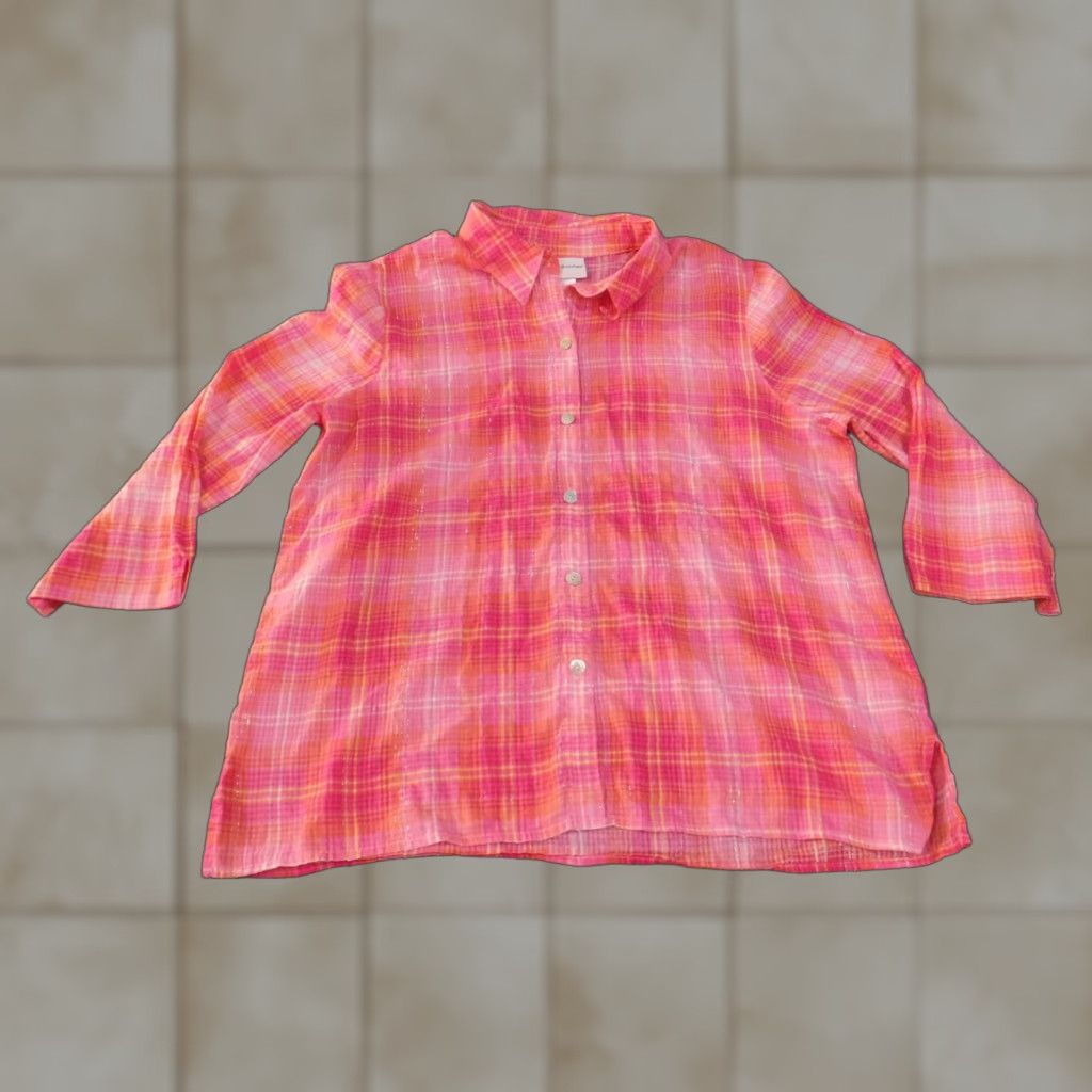 Vintage Alfred Dunner Button-Up Shirt Womens Medium Pink Plaid Beaded Cotton Woven Long Sleeve Collared Basic Vintage No (adjusted for clarity) Size M / US 6-8 / IT 42-44 - 1 Thumbnail