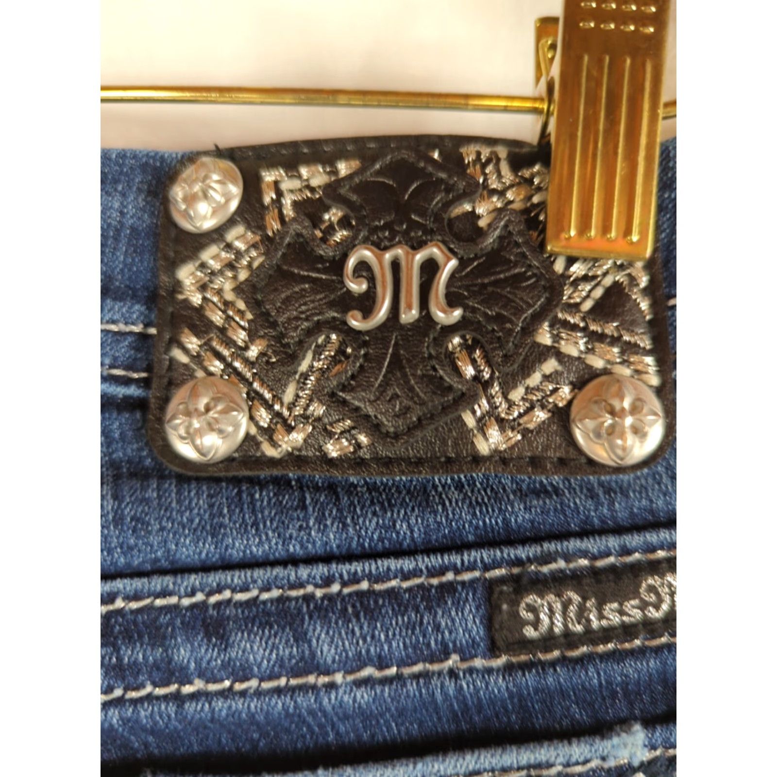 Miss Me Miss Me Jeans Womens Bootcut Mid Rise Dark Wash Rhinestone 5-Pocket Denim 29 Blue Womens Jeans Size 29" - 6 Thumbnail