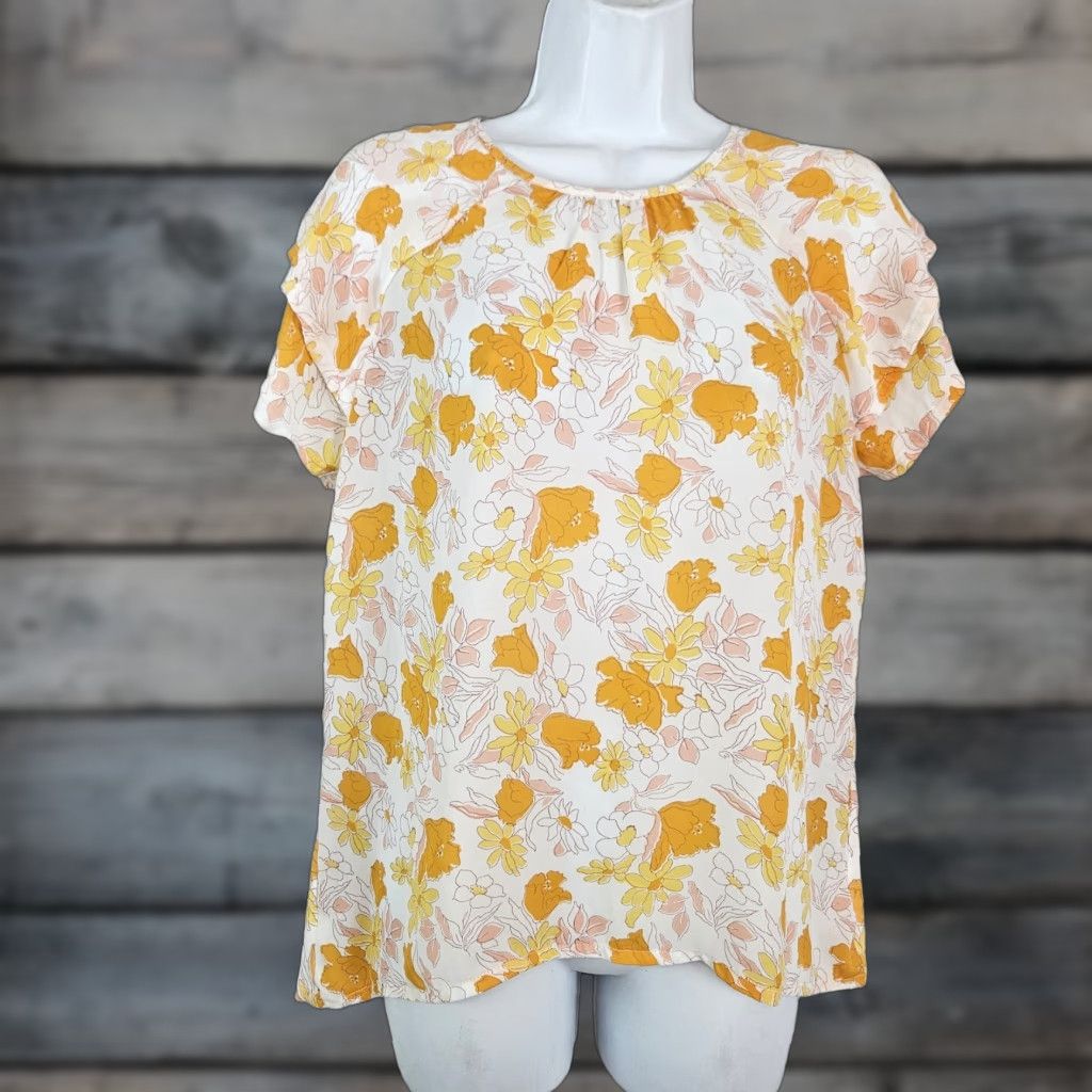 Loft Ann Taylor LOFT Womens Top Small Petite Orange Pink Floral Short Sleeve Size L / US 10 / IT 46 - 1 Thumbnail