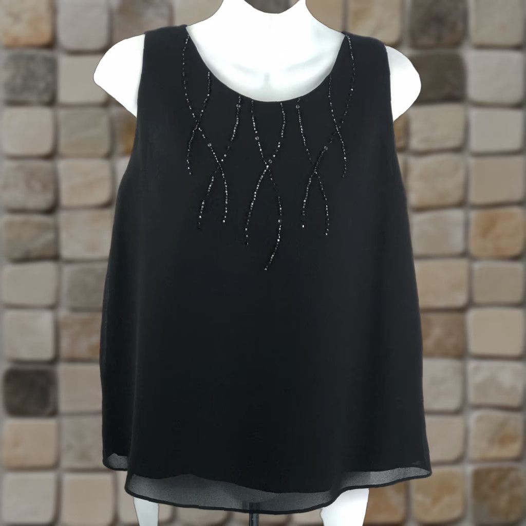 Vintage Adrianna Papell Top XL Black Beaded Flowy Chiffon Sleeveless  Whimsigoth Fairy