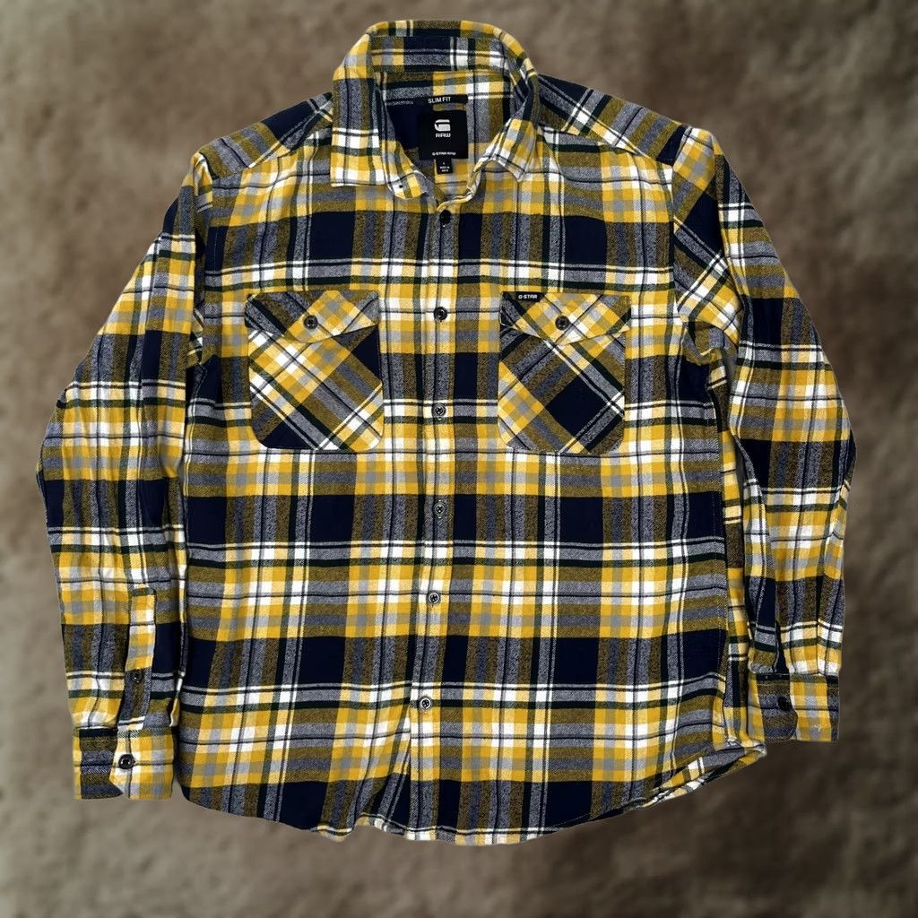 Vintage G-Star RAW Shirt Mens Large Yellow Plaid Flannel Long Sleeve Button Front Slim Size US L / EU 52-54 / 3 - 1 Thumbnail
