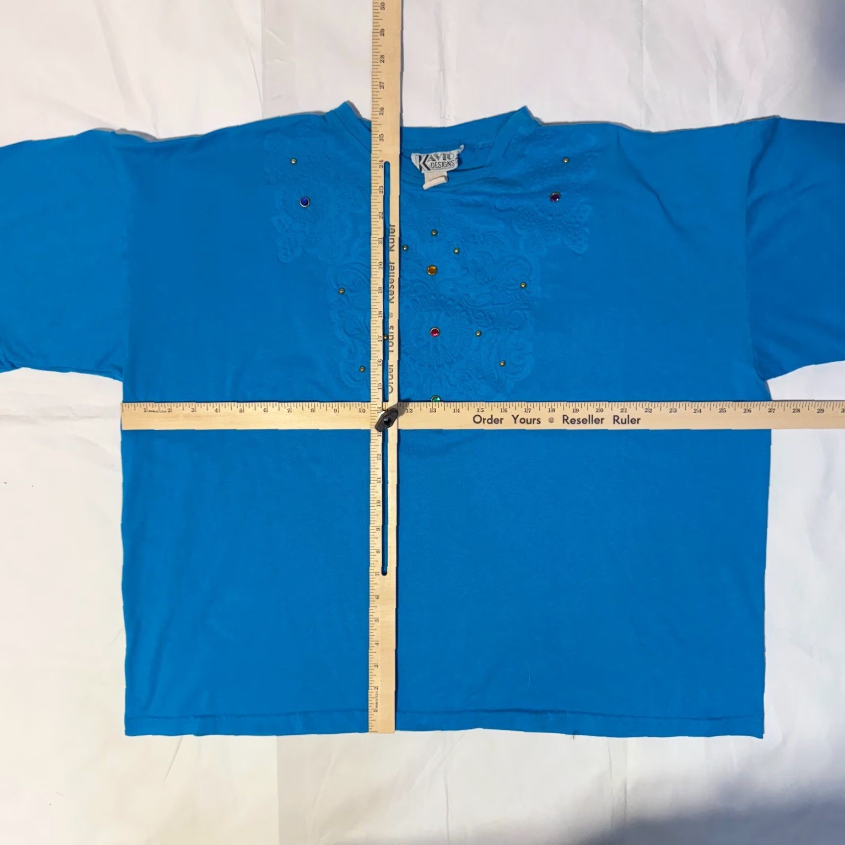 AQUA VINTAGE Kavio! T-Shirt XL Aqua Blue Embossed Bejeweled 80s 90s Crew Neck Short Sleeve Unisex Adults Cotton Blend Size XL / US 12-14 / IT 48-50 - 6 Thumbnail