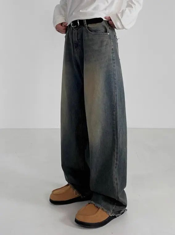 Japanese Brand Distressed washed men's loose retro straight jeans Size US 32 / EU 48 - 3 Thumbnail