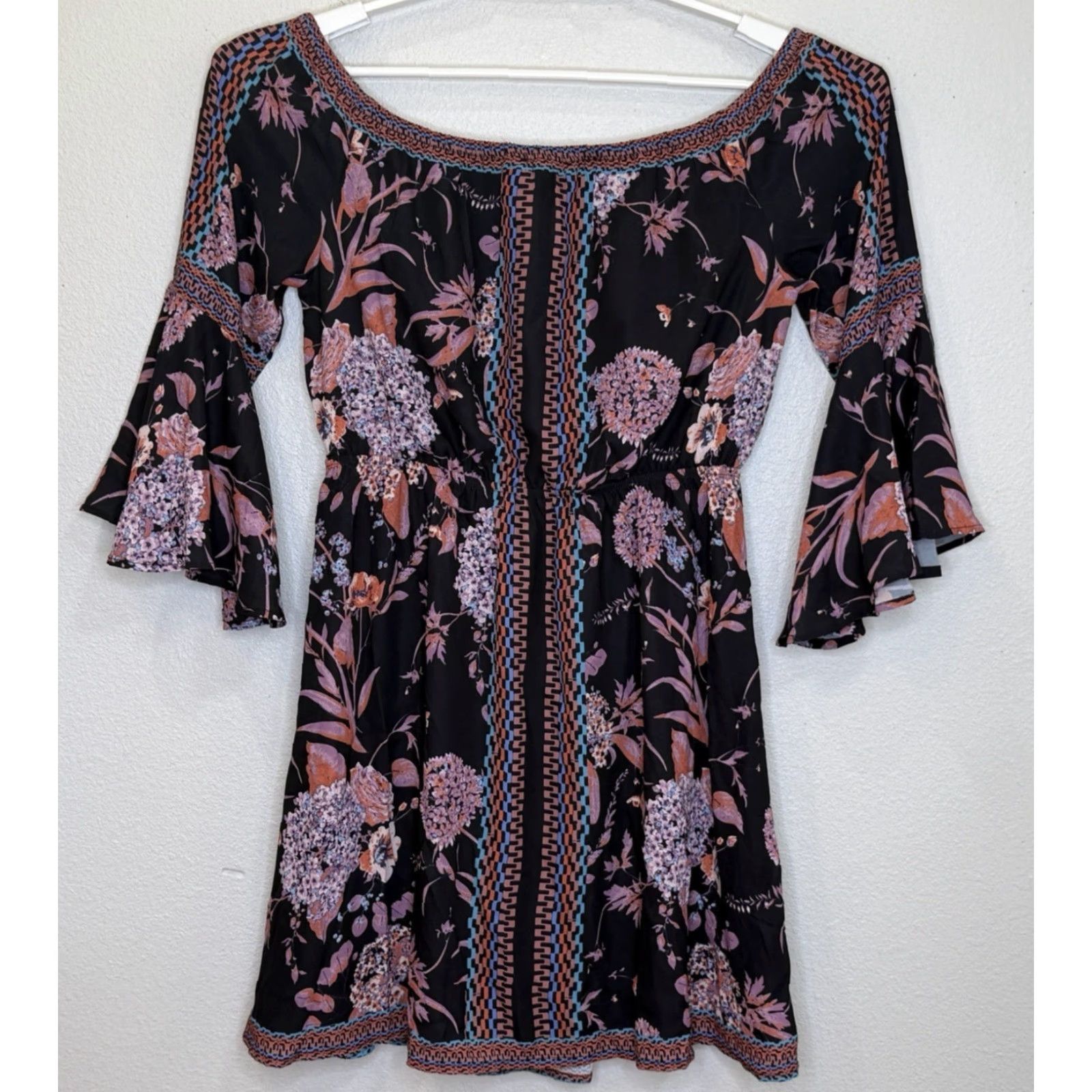 Bell Jealous Tomato Mini Dress Black Floral Print 3/4 Bell Sleeve Boho Off Shoulder/Shoulder Elastic Waist Size M Womens Size M / US 6-8 / IT 42-44 - 6 Thumbnail