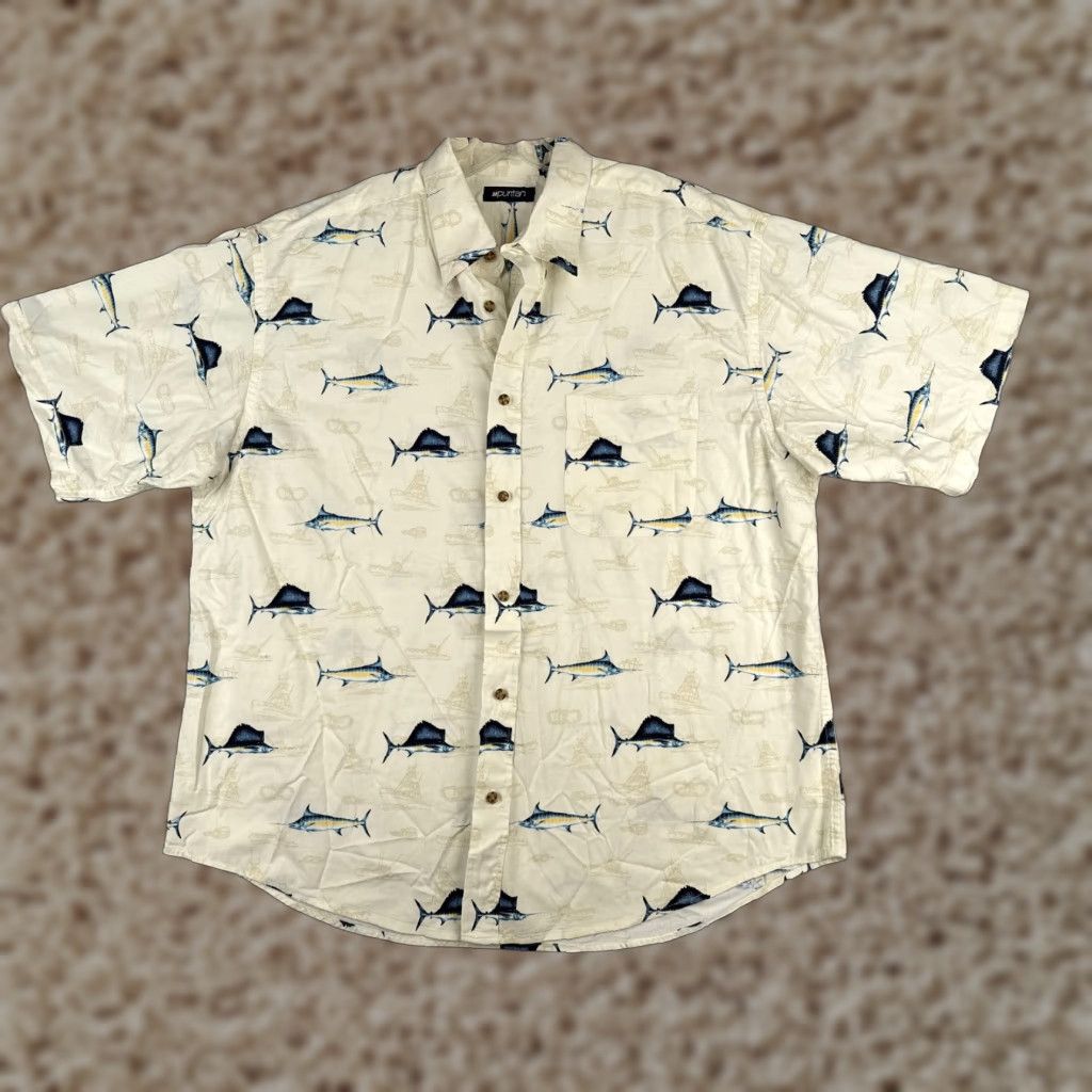 Nautica Puritan Shirt Men XL Ivory Button-Up Hawaiian 100% Cotton Aloha Beach Vacation Resort Short Sleeve Graphic Print Casual 60s? Size US XL / EU 56 / 4 - 1 Thumbnail