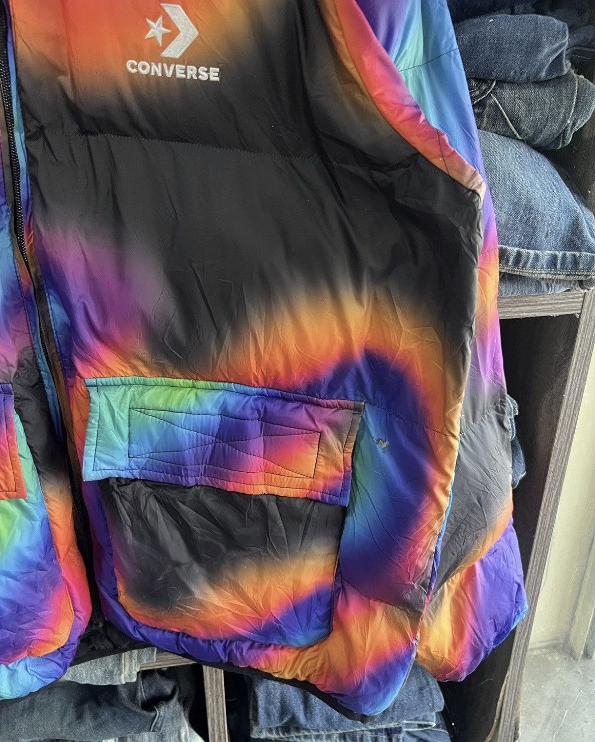 🔥Rare Distressed Converse Multicolor Puffer Jacket