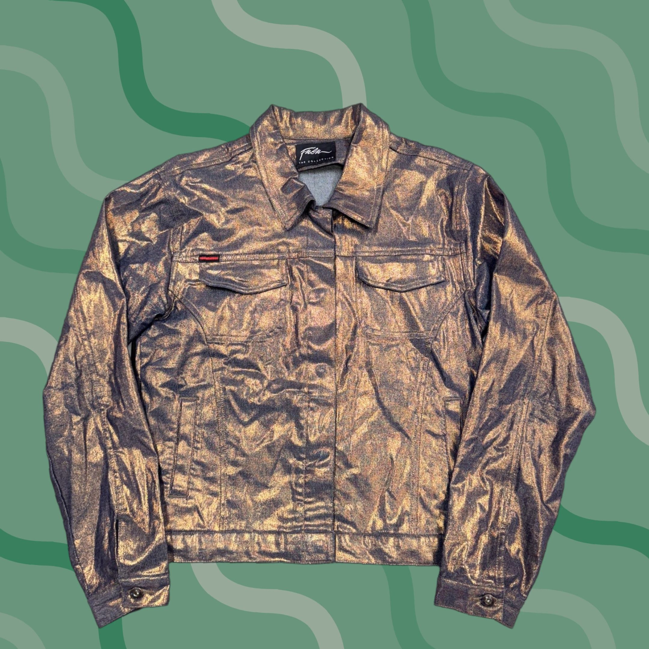 Fubu FUBU Jacket Womens L Gold Denim Trucker Collection Metallic Coated Cotton Button Pockets Collared Casual Fall Spring Women Size L Size L / US 10 / IT 46 - 1 Thumbnail