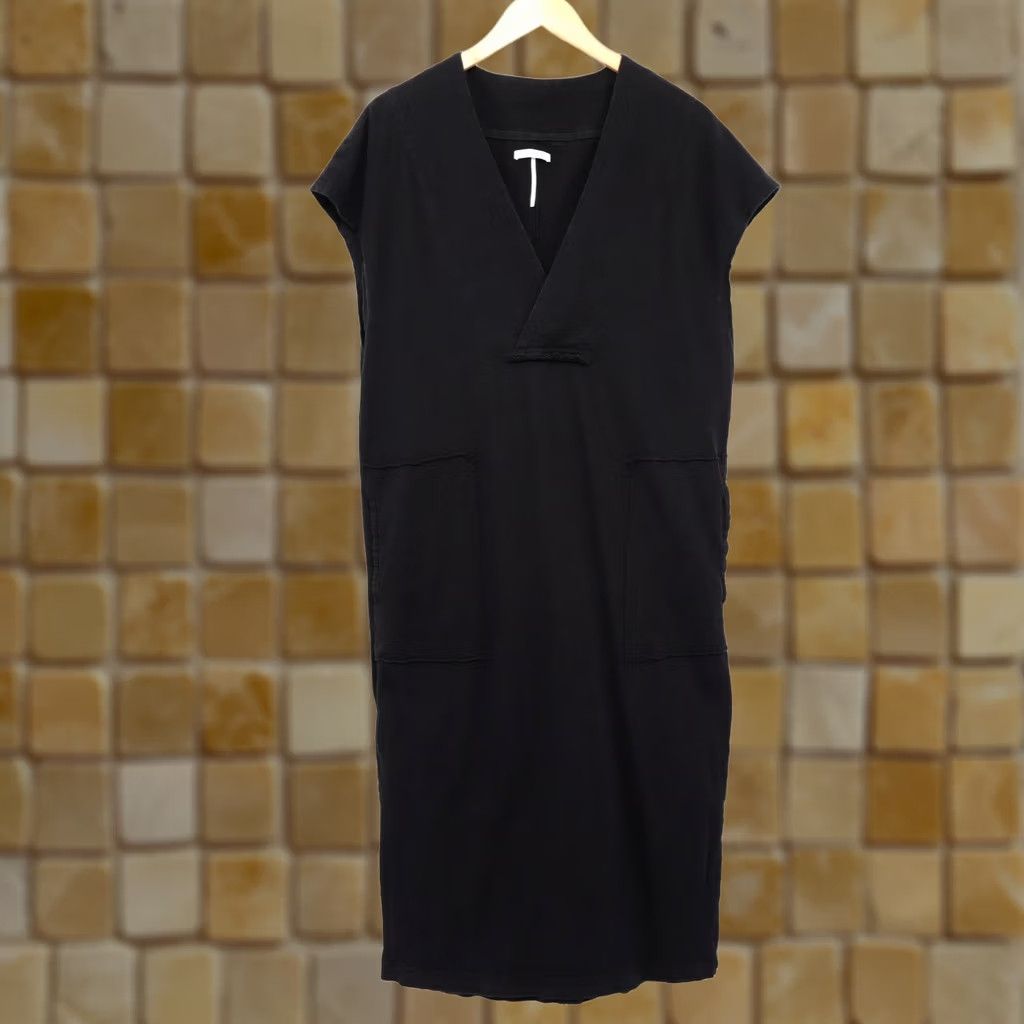 Vintage Stitchdrop Women's Shirt Dress Black M V-Neck Cotton Midi Casual Sleeve Knit Minimalist Size M / US 6-8 / IT 42-44 - 1 Thumbnail