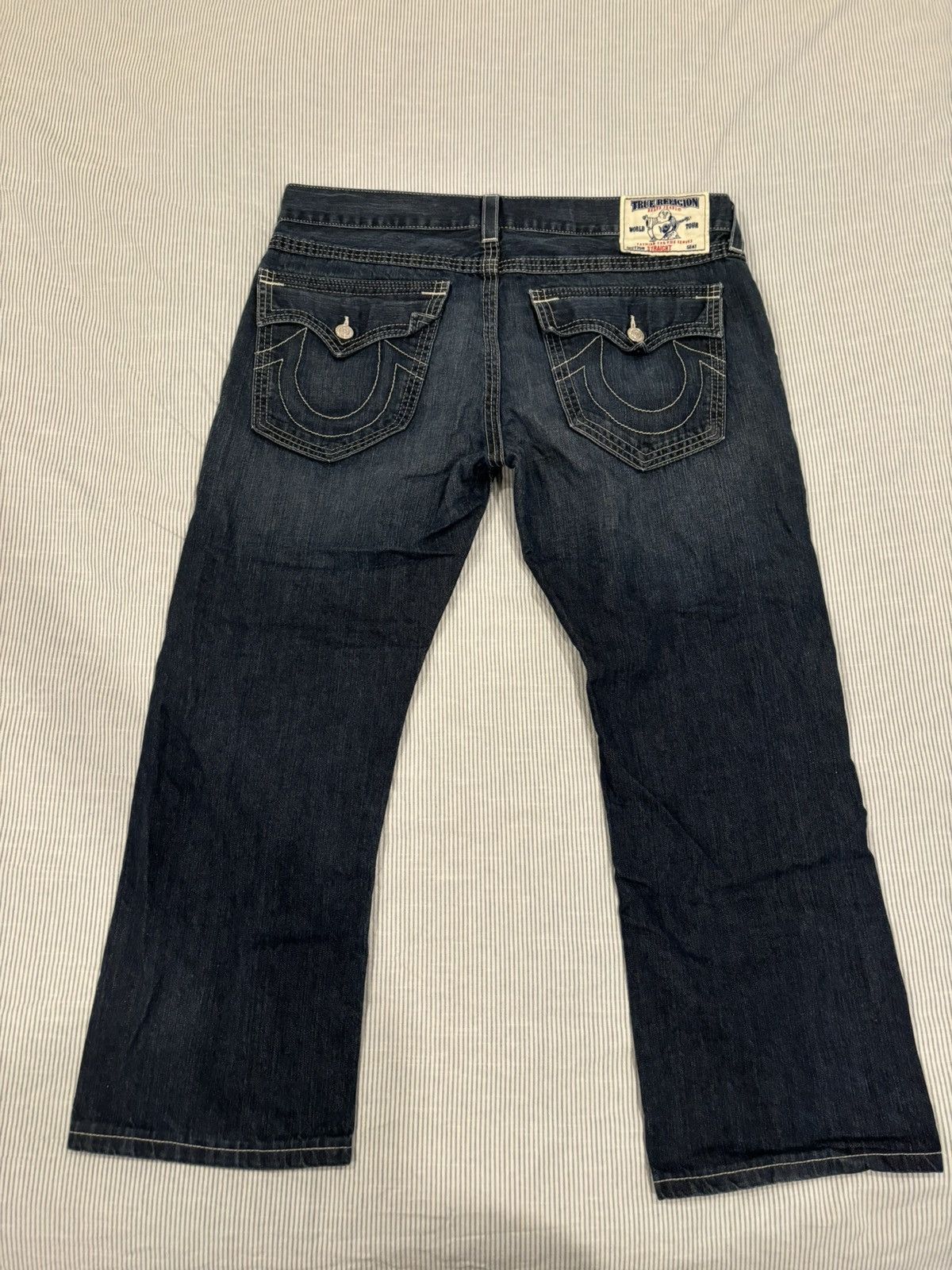 Dark Blue White Stitch True Religion Straight Leg Jeans