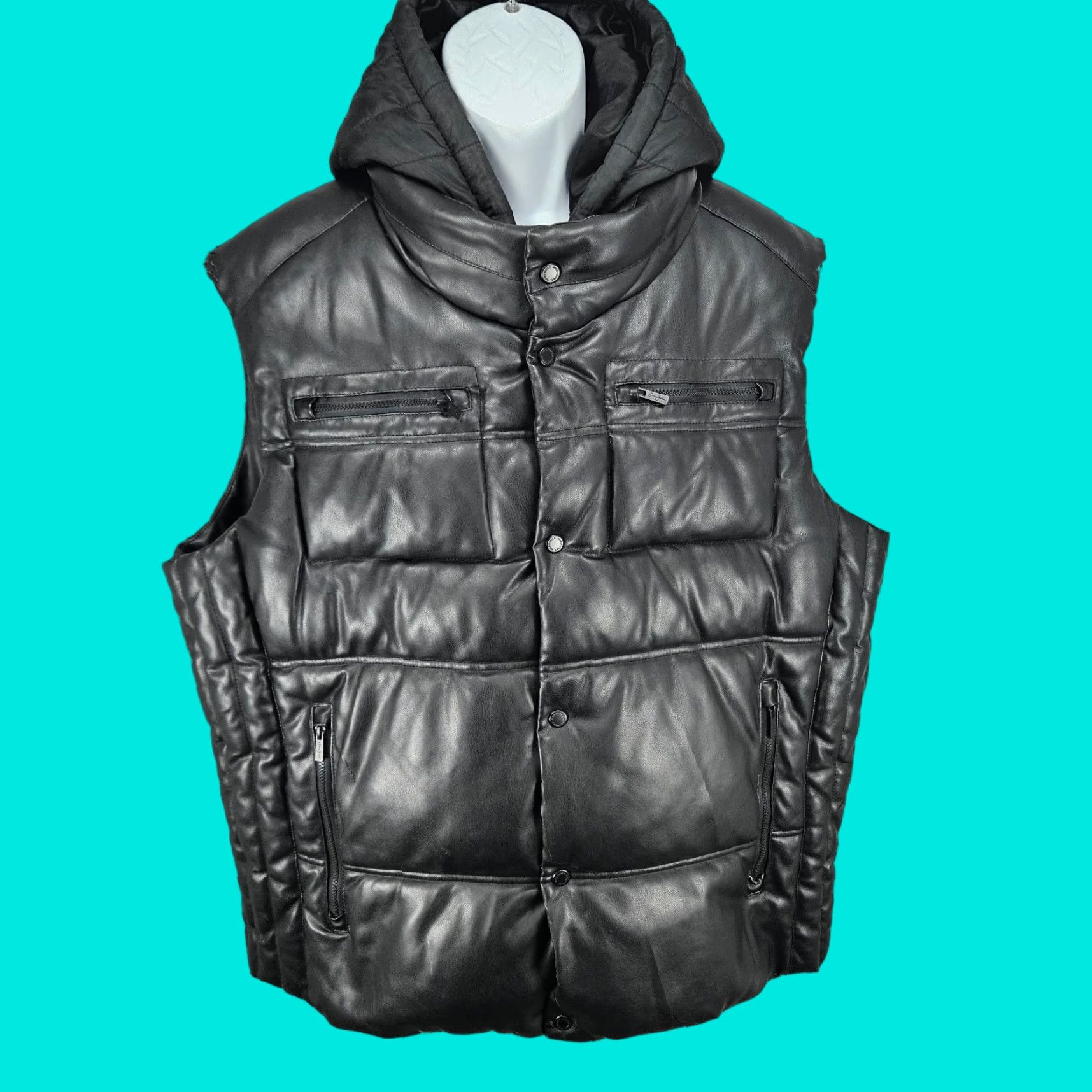 Sean John Sean John Black Faux Leather Vest Full Zip Hooded Puffer Insulated XL Size US XL / EU 56 / 4 - 1 Thumbnail