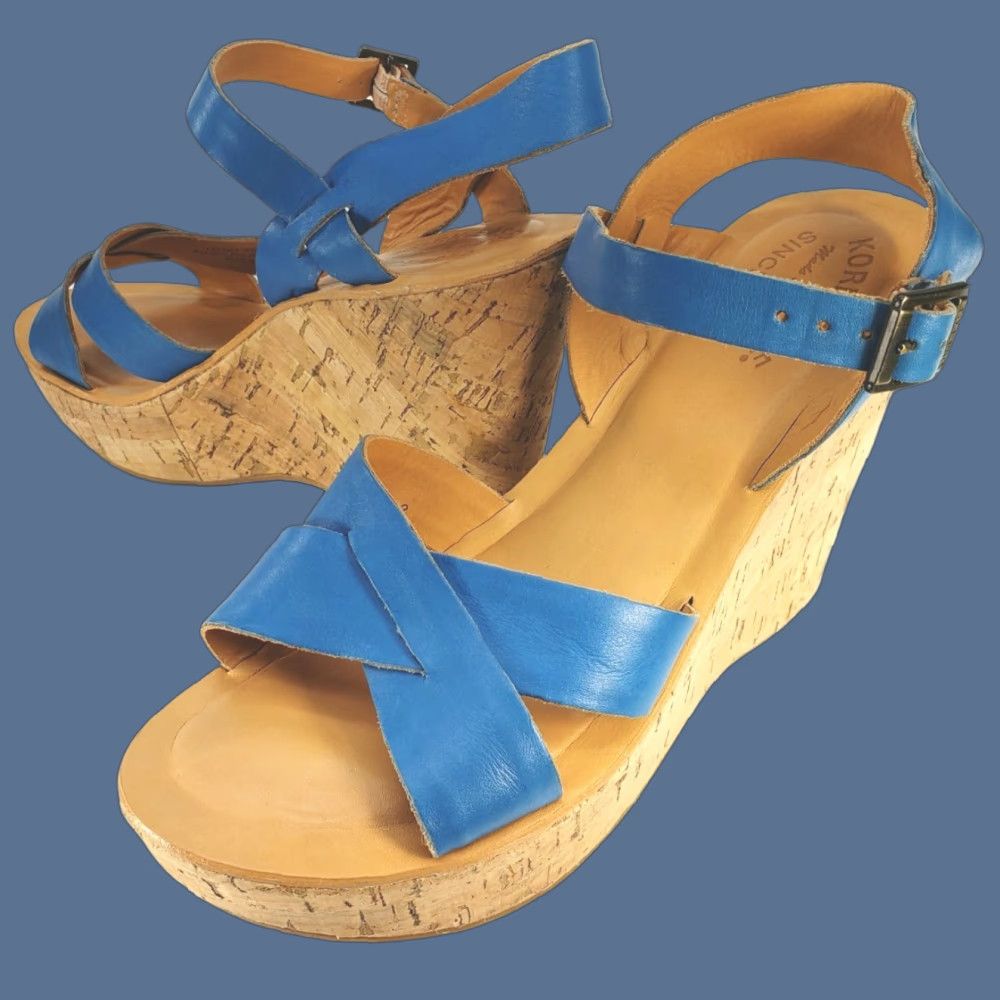 Vintage Kork-Ease Sandal Women's 9 Leather Crossover Slingback Cork Wedge Blue Buckle Sl ним Size US 9 / IT 39 - 1 Thumbnail