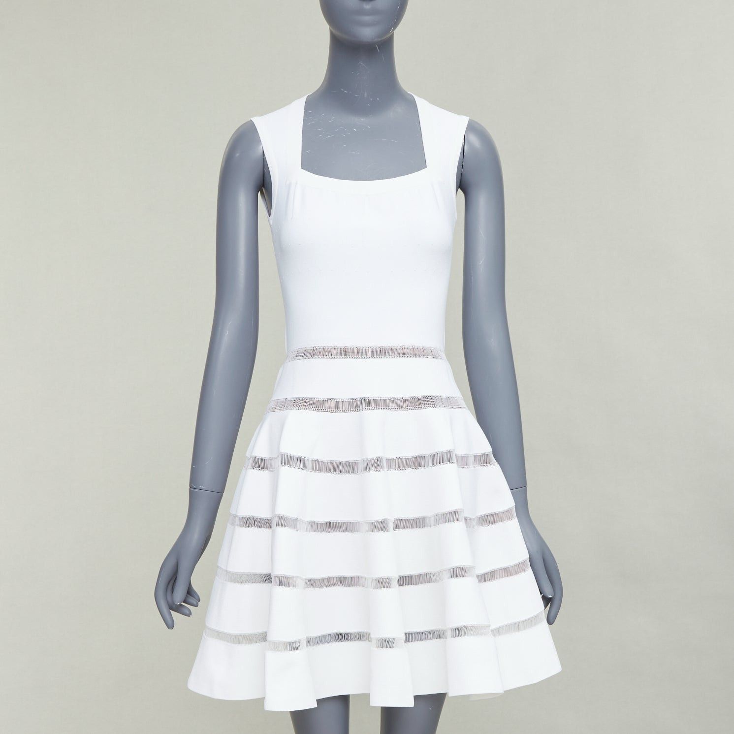 Alaia ALAIA ivory viscose blend square neck sheer lattice knit fit flare dress FR36 S Size S / US 4 / IT 40 - 1 Thumbnail