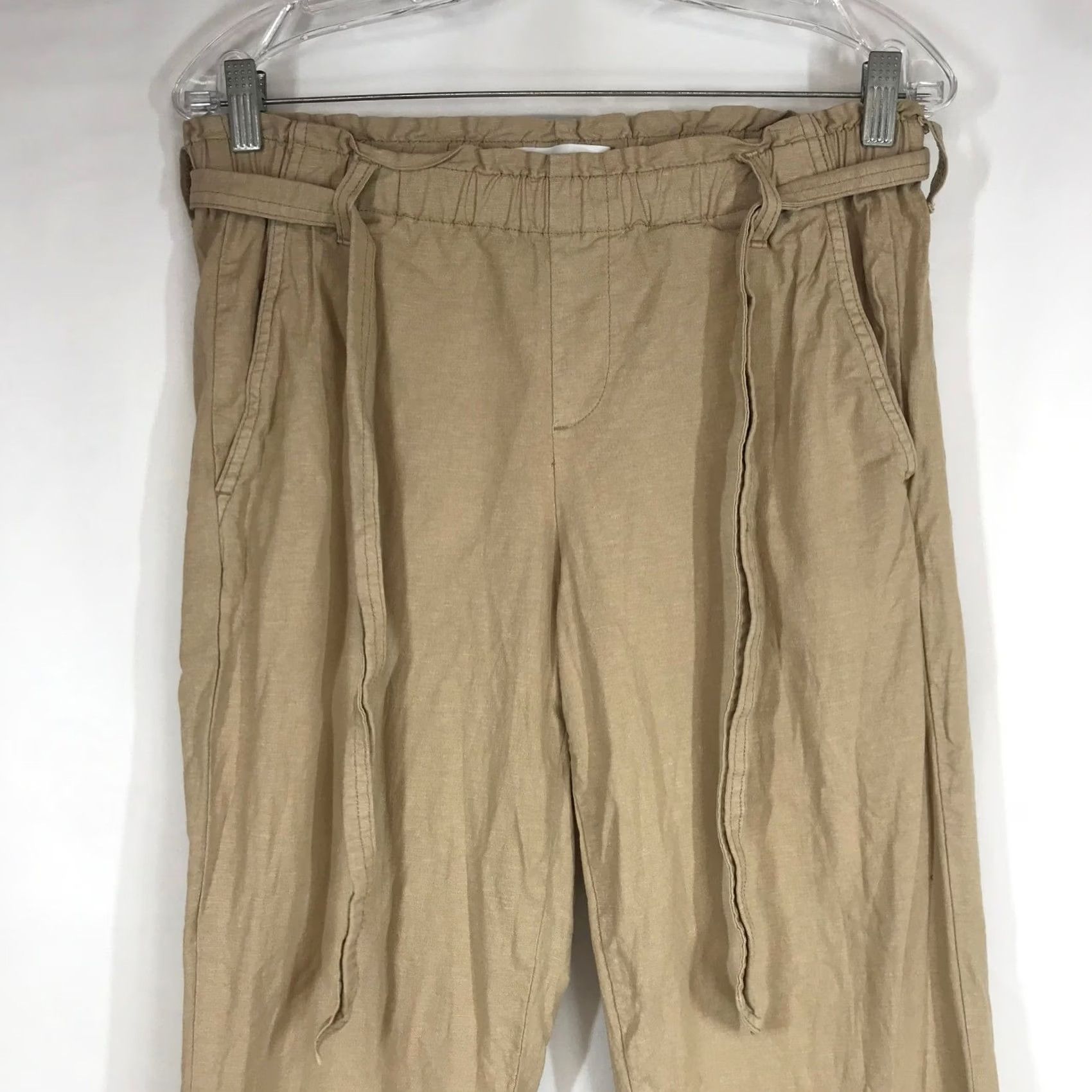 Vintage Lila Ryan Paperbag Waist Linen Blend Pants Small Tan Beige Straight Leg Tie Belt Pockets Women Size 28" / US 6 / IT 42 - 2 Thumbnail