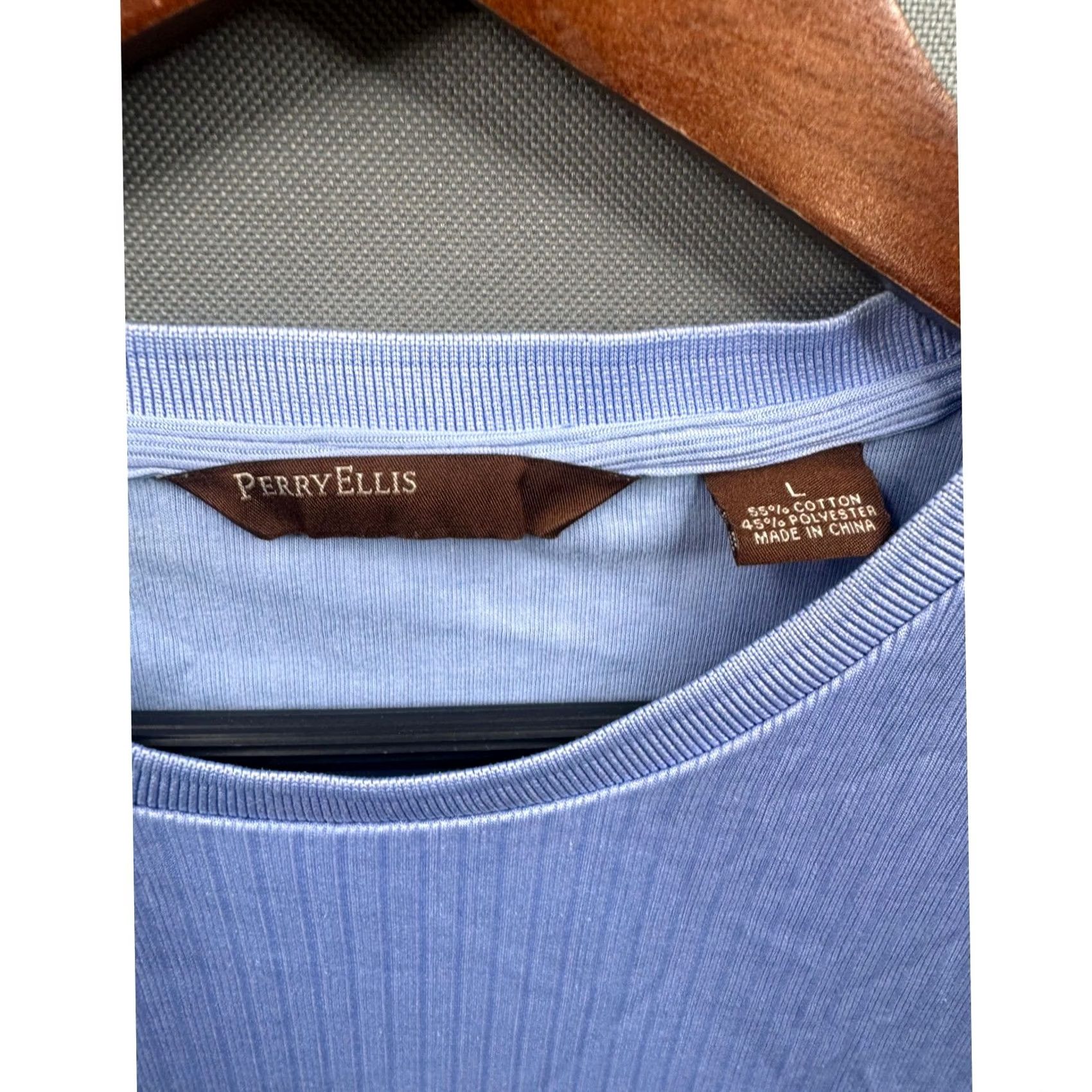 Perry Ellis Perry Ellis Ribbed Crew Neck Shirt Mens Lavender Blue Short Sleeve Tee Large L Size US L / EU 52-54 / 3 - 5 Thumbnail