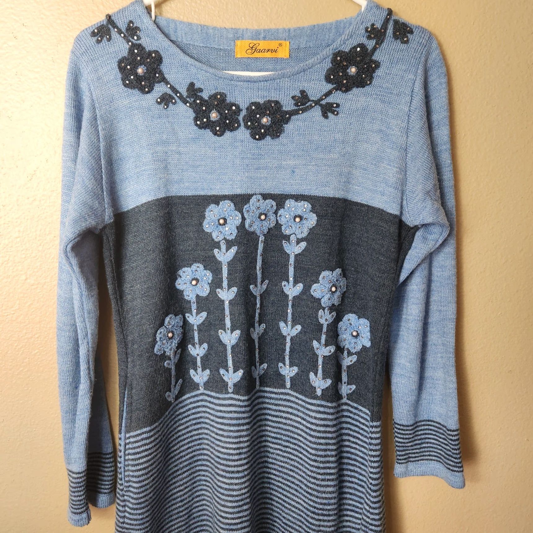 Vintage VINTAGE Flowers Gaarvi Blue/Gray Stripe Floral Long Sleeve Wool Blend Midi Dress-Size M Shirt Womens Size M / US 6-8 / IT 42-44 - 4 Thumbnail
