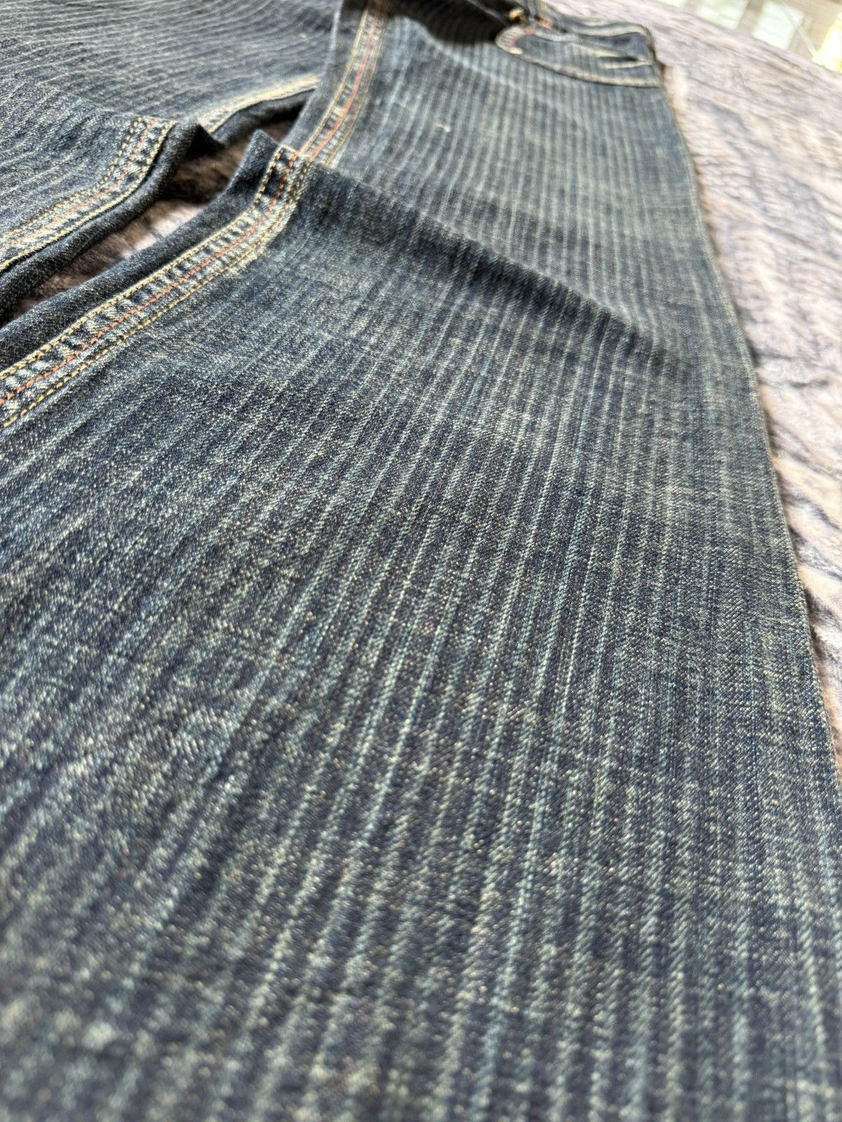 Le Grande Bleu (L.G.B.) Dear Heart Railroad Pinstripe Fade Flared Wide Leg Jeans Size US 28 / EU 44 - 9 Thumbnail
