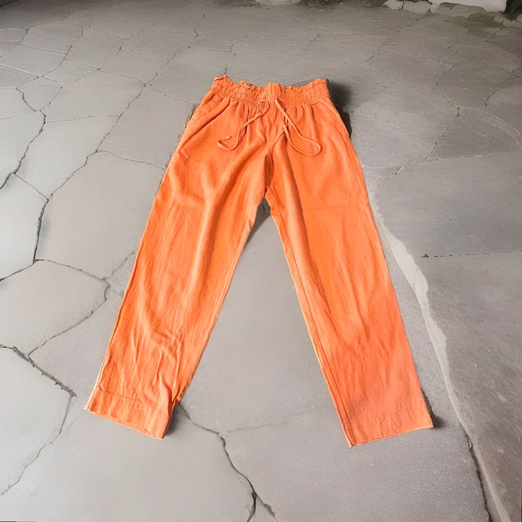 Vintage A New Day Linen Blend Pants Women M Orange Drawstring Pockets High Rise Flat Front Knit 26in Inseam 37in Seasonal Beach Bohemian 2021 Size 32" / US 10 / IT 46 - 3 Thumbnail