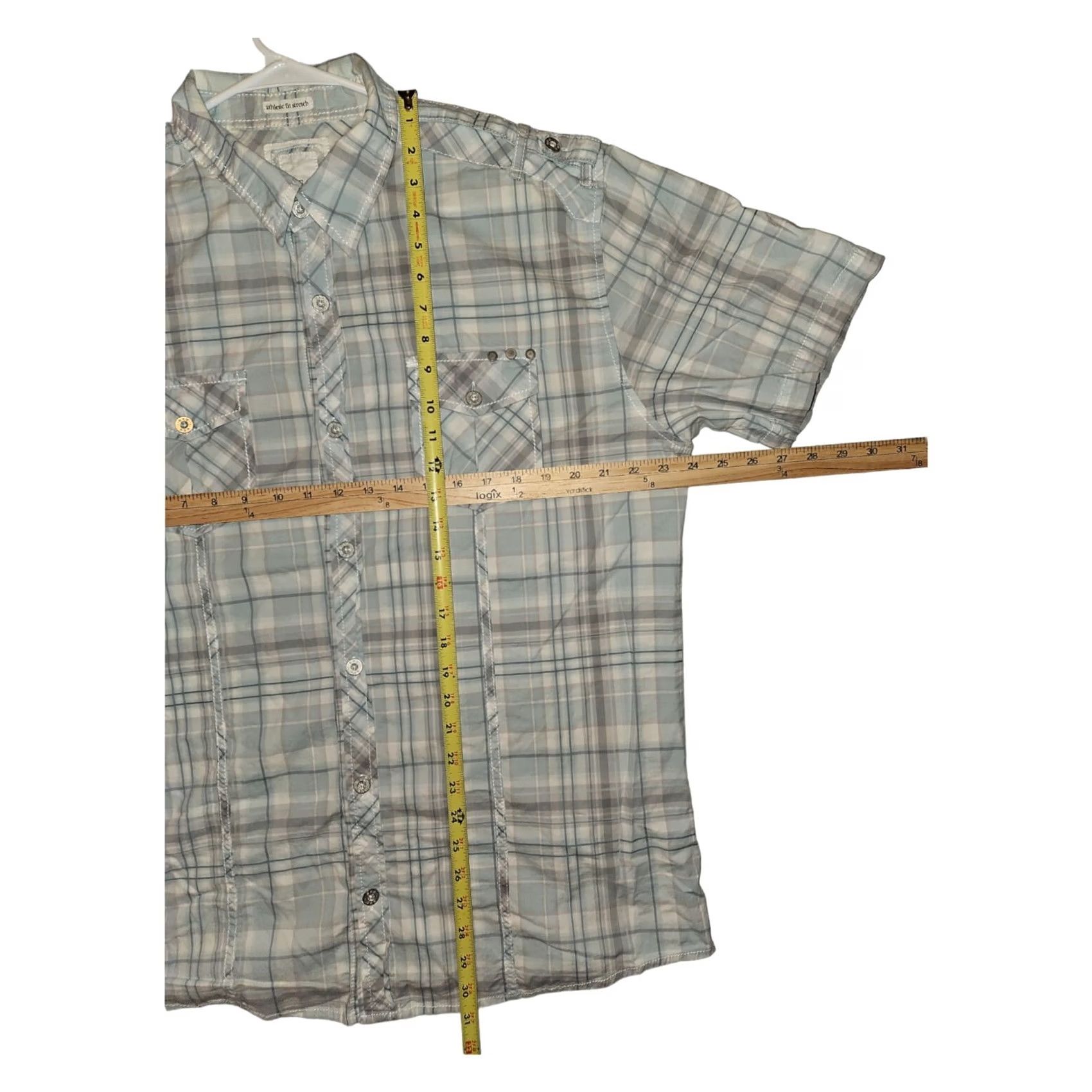BKE BKE Button-Up Shirt XL Men's Short Sleeve Athletic Fit Stretch Green/Gray Plaid Size US XL / EU 56 / 4 - 4 Thumbnail