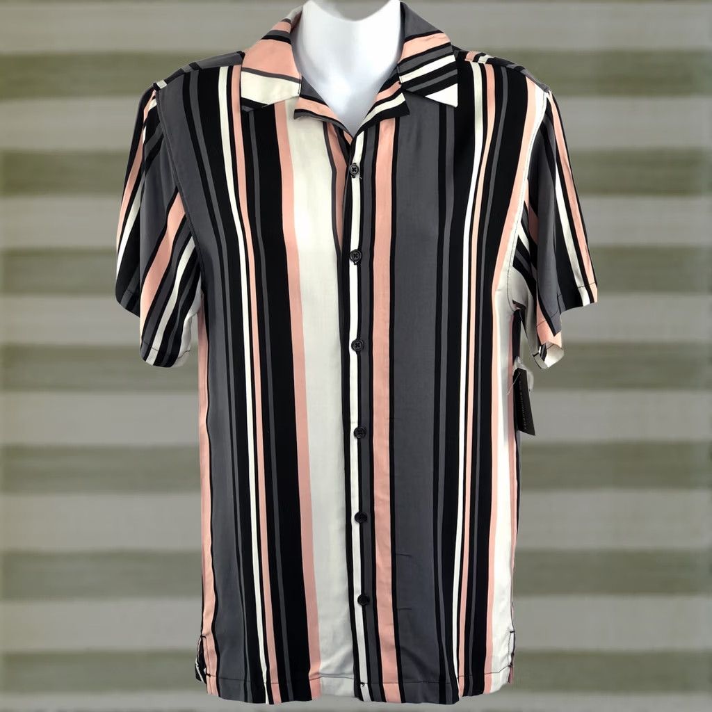 Vintage NWT No Boundaries Shirt XS Grey/Peach Stripe Button Up Short Sleeve hip hop Prep Mens Size US XS / EU 42 / 0 - 1 Thumbnail