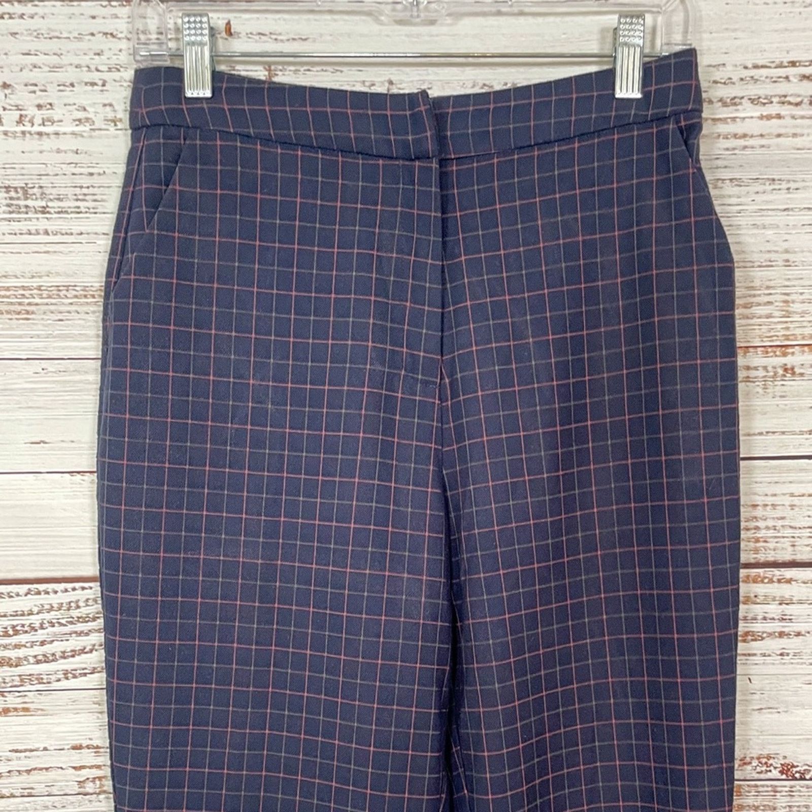 FRNCH FRNCH Navy Plaid Straight Leg Crop Pants, EUC, Medium, Size 28" / US 6 / IT 42 - 2 Thumbnail