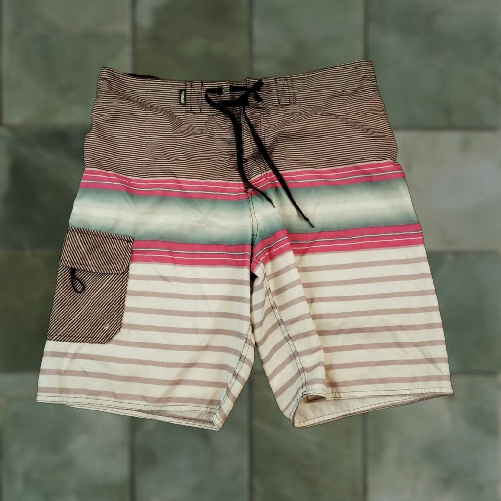 No Fear No Fear Board Shorts Mens L Red Striped Drawstring Lined Beach Swim Bottom Size US 33 - 1 Thumbnail