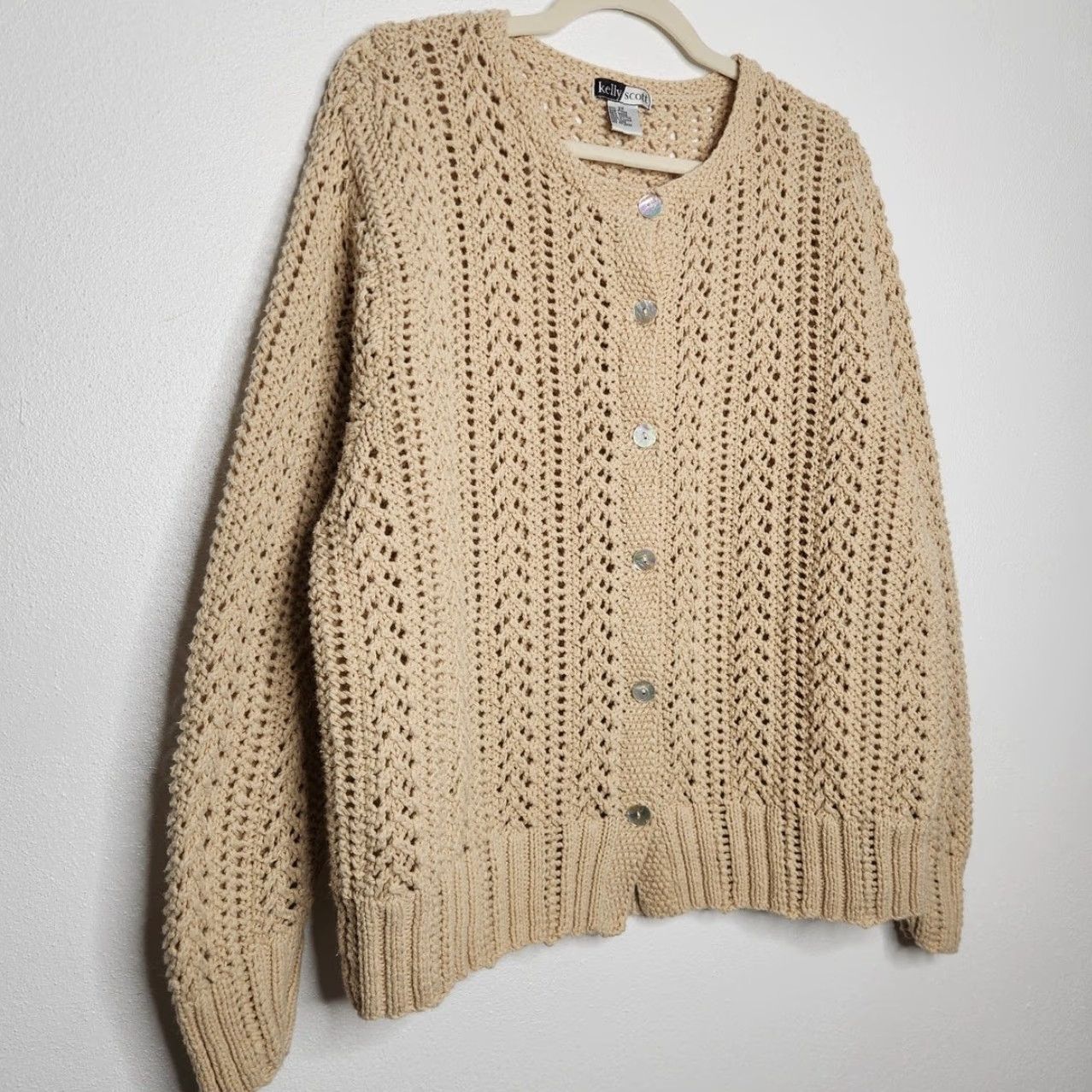Vintage VINTAGE Kelly Scott Cardigan Unisex Adults 3XL Tan Knit Crochet Fairy Whimy Grandma Button Sweater Size XXL / US 16-18 / IT 52-54 - 2 Thumbnail