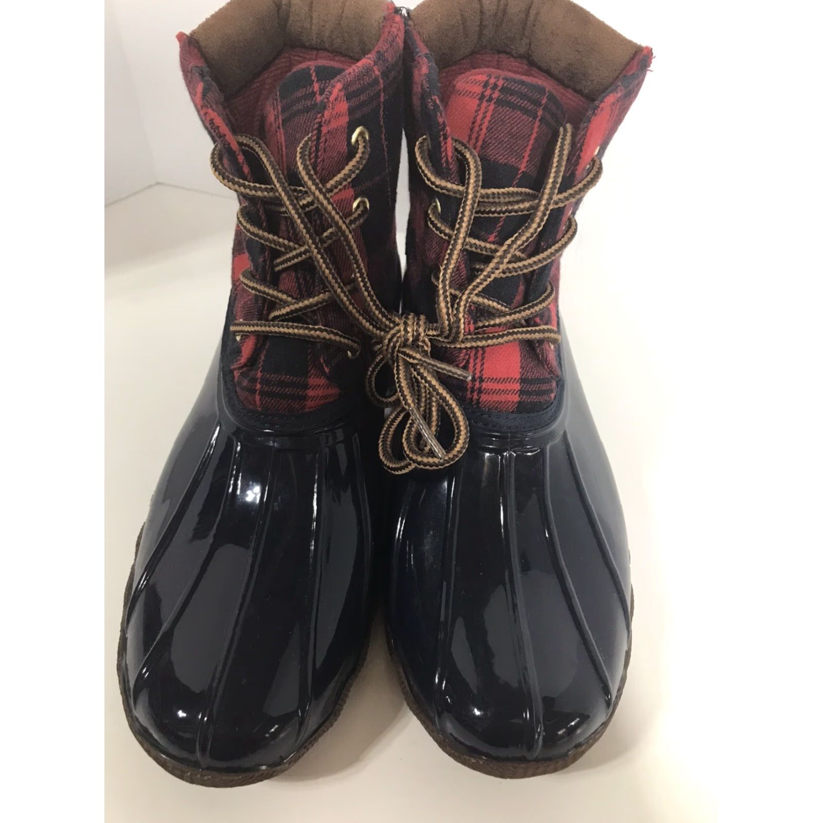 Vintage Jessica Carlyle Women's Duck Boots Fall Winter Water-Resistant Leather Flat Size 8.5 Navy/Red Buffalo Plaid Size US 8.5 / IT 38.5 - 2 Thumbnail