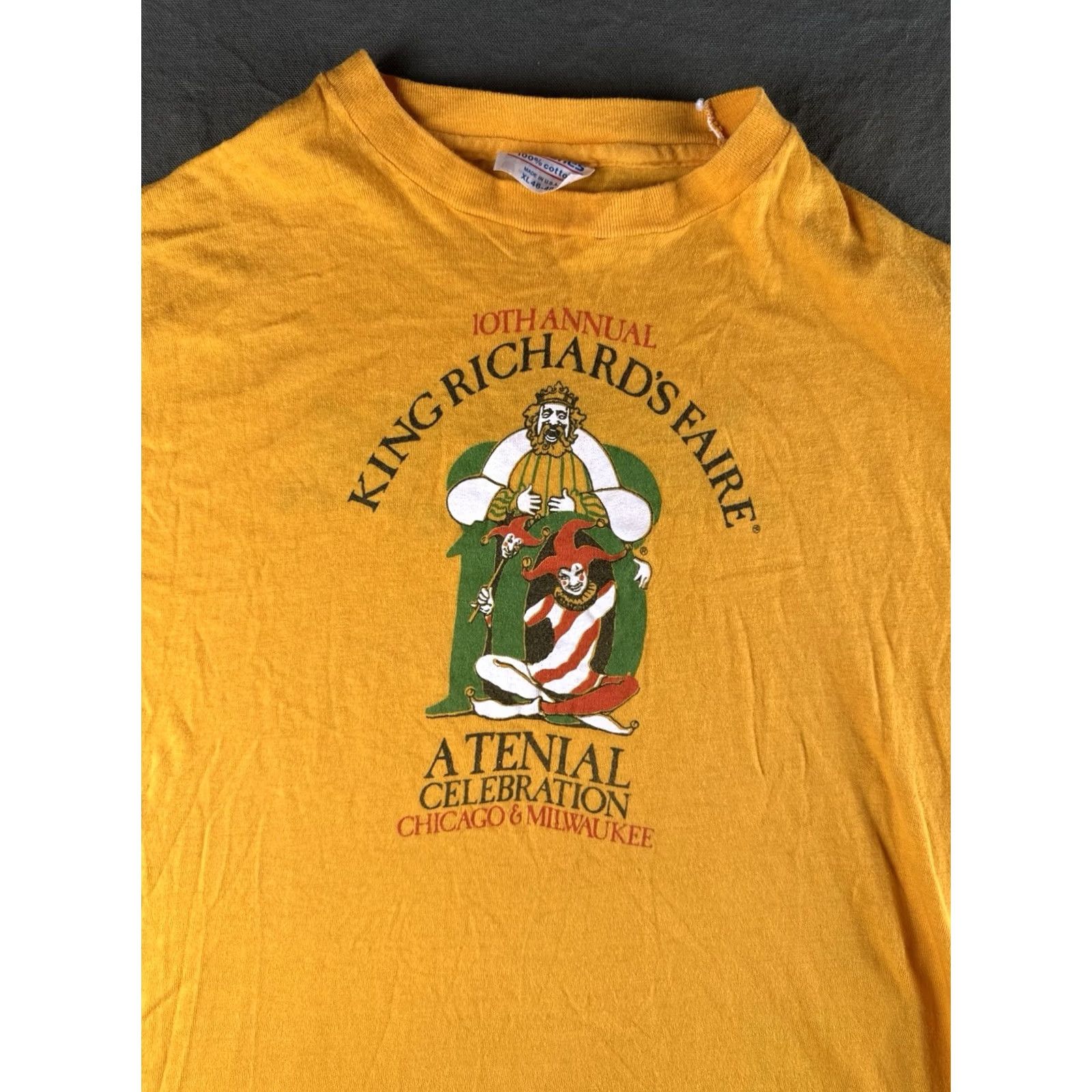 Hanes VINTAGE Hanes King Richard’s Faire Tee USA XL T-Shirt Men 80s Mustard Yellow 100% Cotton Short Sleeve Crew Neck Century Edition 10th Annual Size US XL / EU 56 / 4 - 2 Thumbnail