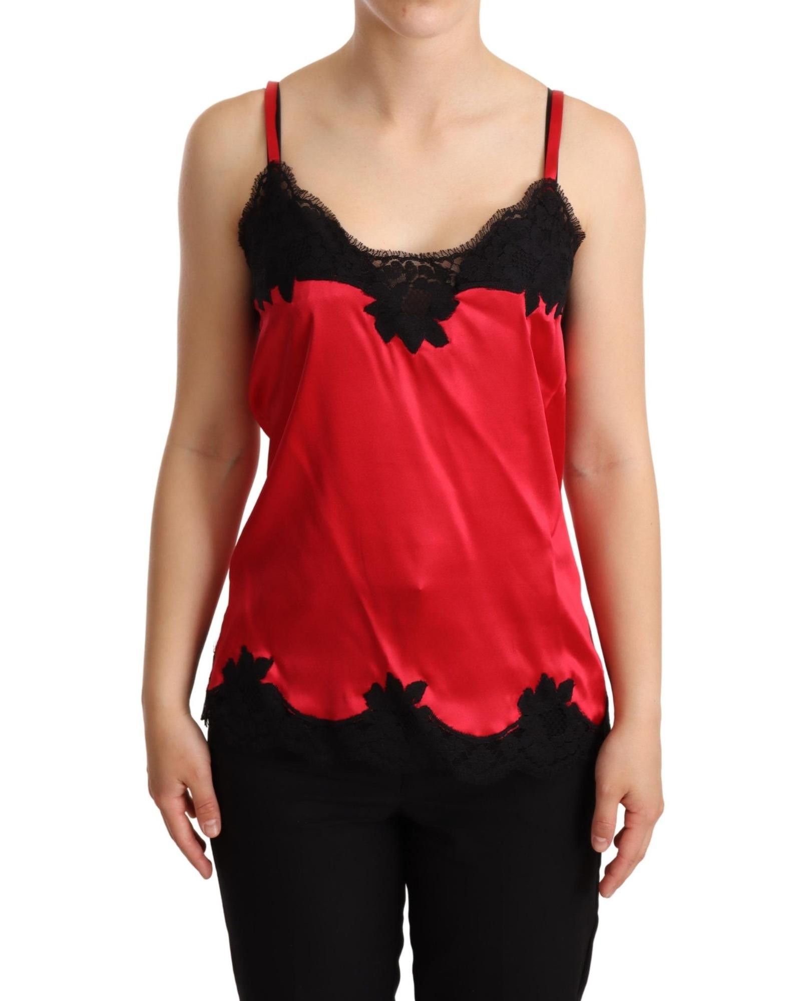 image of Dolce Gabbana Floral Lace Trimmed Silk Satin Camisole Top in Red, Women's (Size Small)