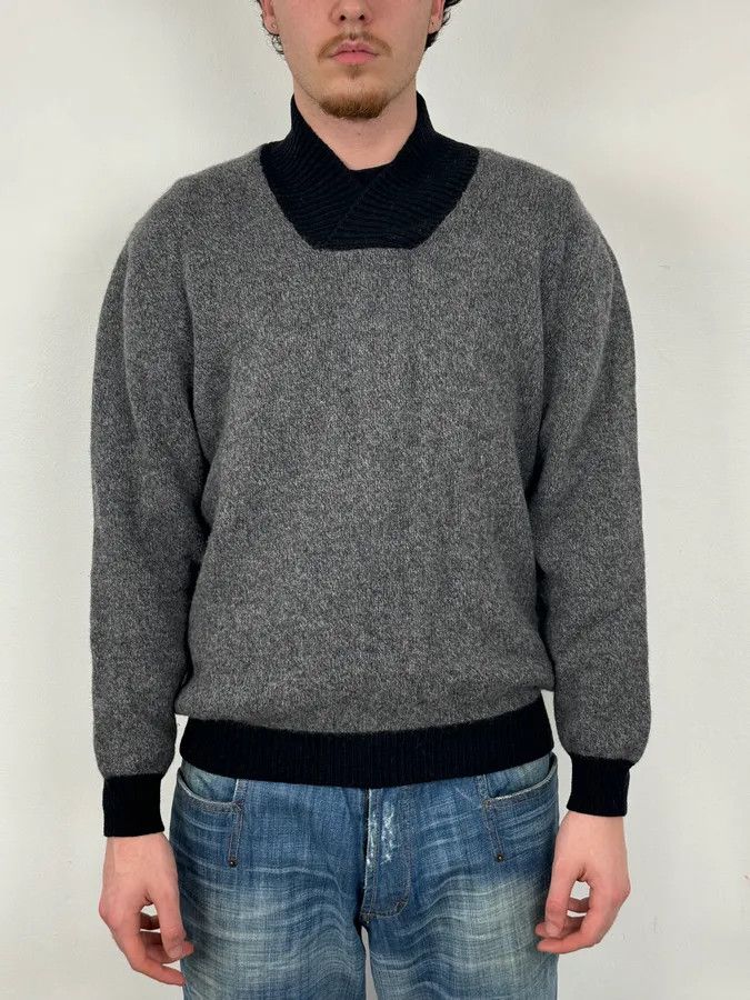 Giorgio Armani 1980s Giorgio Armani Grey & Black Shawl Collar Sweater Size US M / EU 48-50 / 2 - 2 Thumbnail