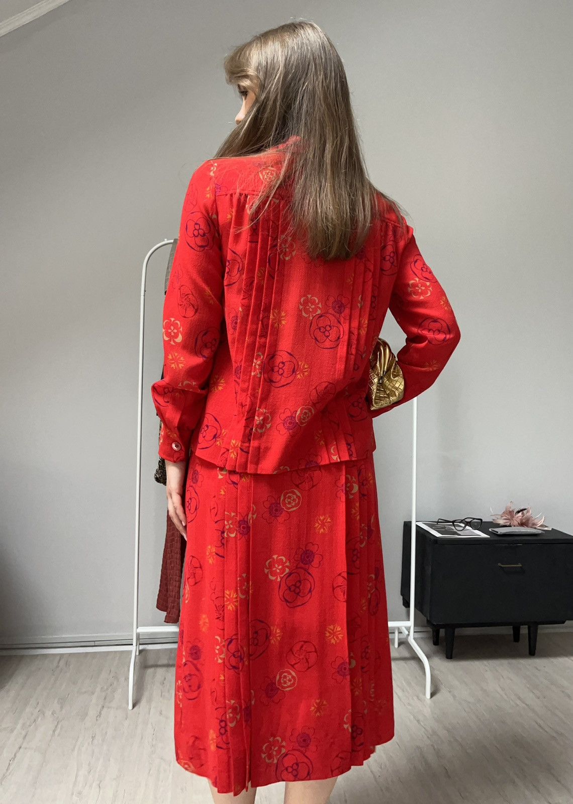 Celine Vintage 80s CELINE Paris Skirt Suit Red Floral Wool Size 40 Size M / US 6-8 / IT 42-44 - 3 Thumbnail