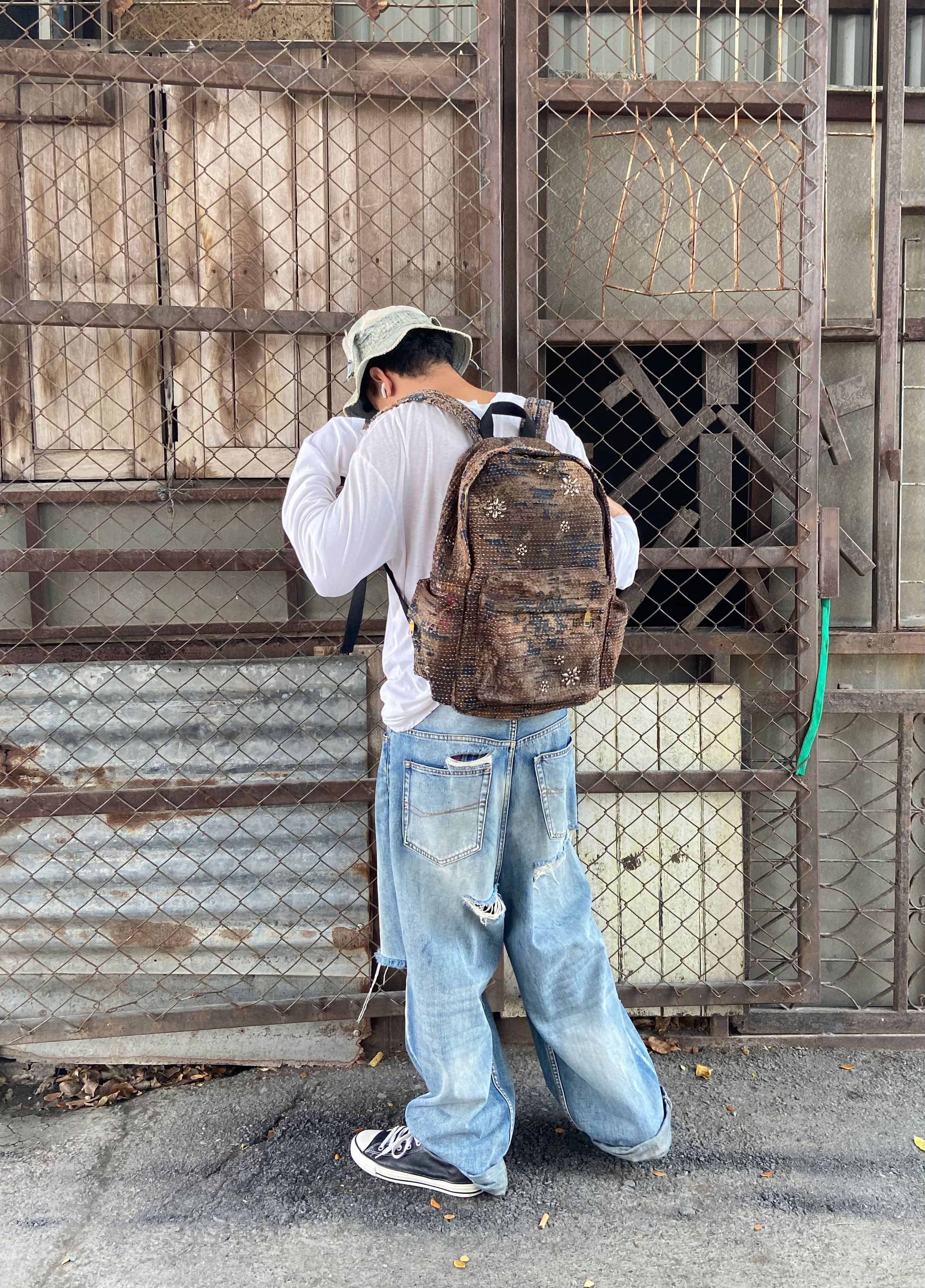 Japanese Brand BORO SASHIKO Studded FLOWER Backpack 🕷️🕸️ Size ONE SIZE - 4 Thumbnail