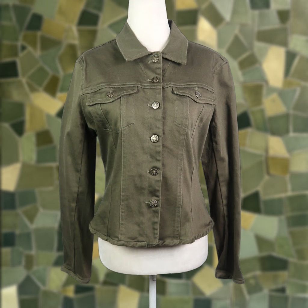 Olive VINTAGE Live A Little Denim Jacket M Olive Green Jacket Womens Short Cotton Solid Long Sleeve Casual 2000s Y2K Button Front Size M / US 6-8 / IT 42-44 - 1 Thumbnail
