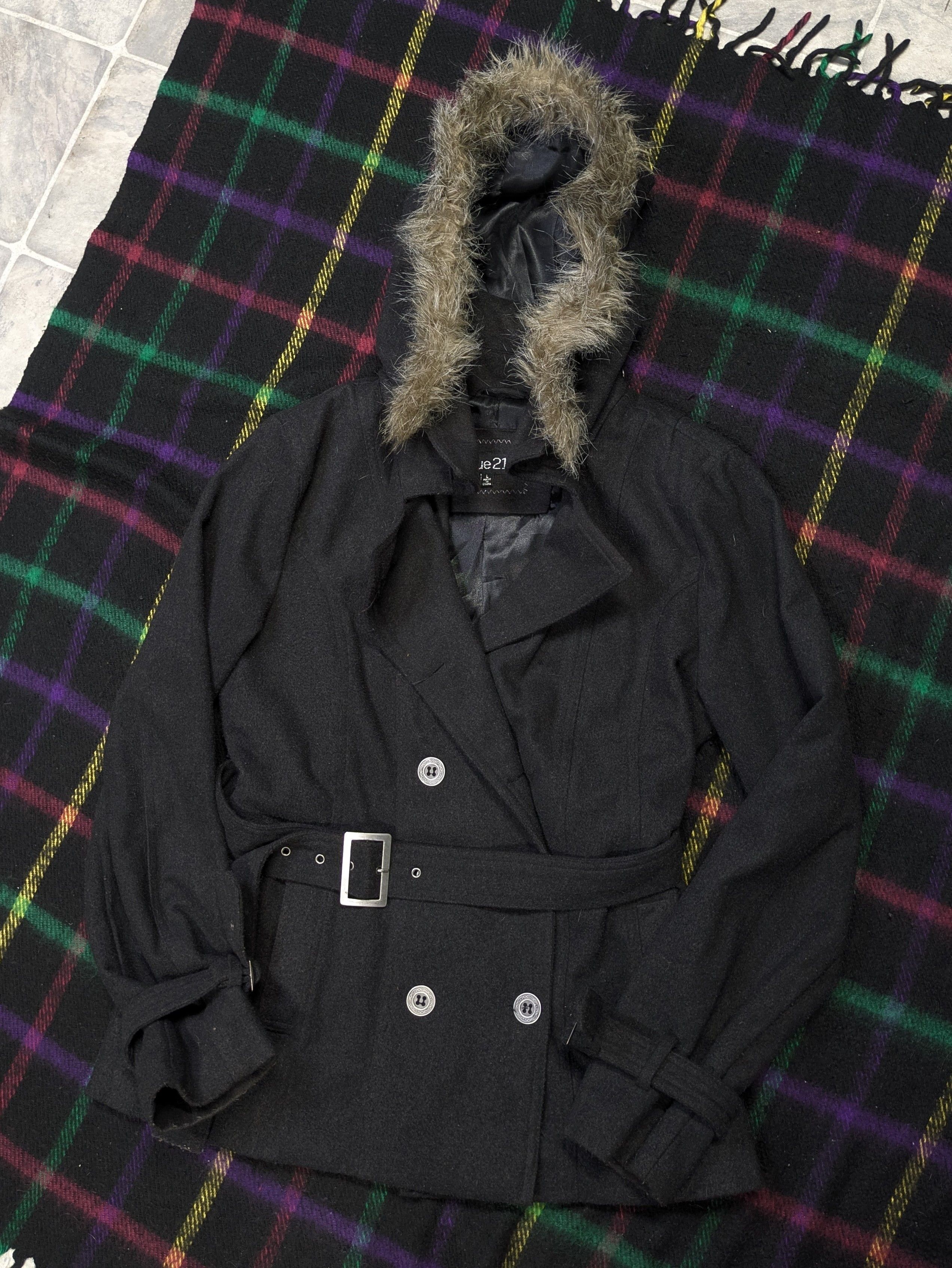 Japanese Brand Crazy archival y2k faux fur hood wool blend rue21 trenchcoat Size L / US 10 / IT 46 - 1 Thumbnail