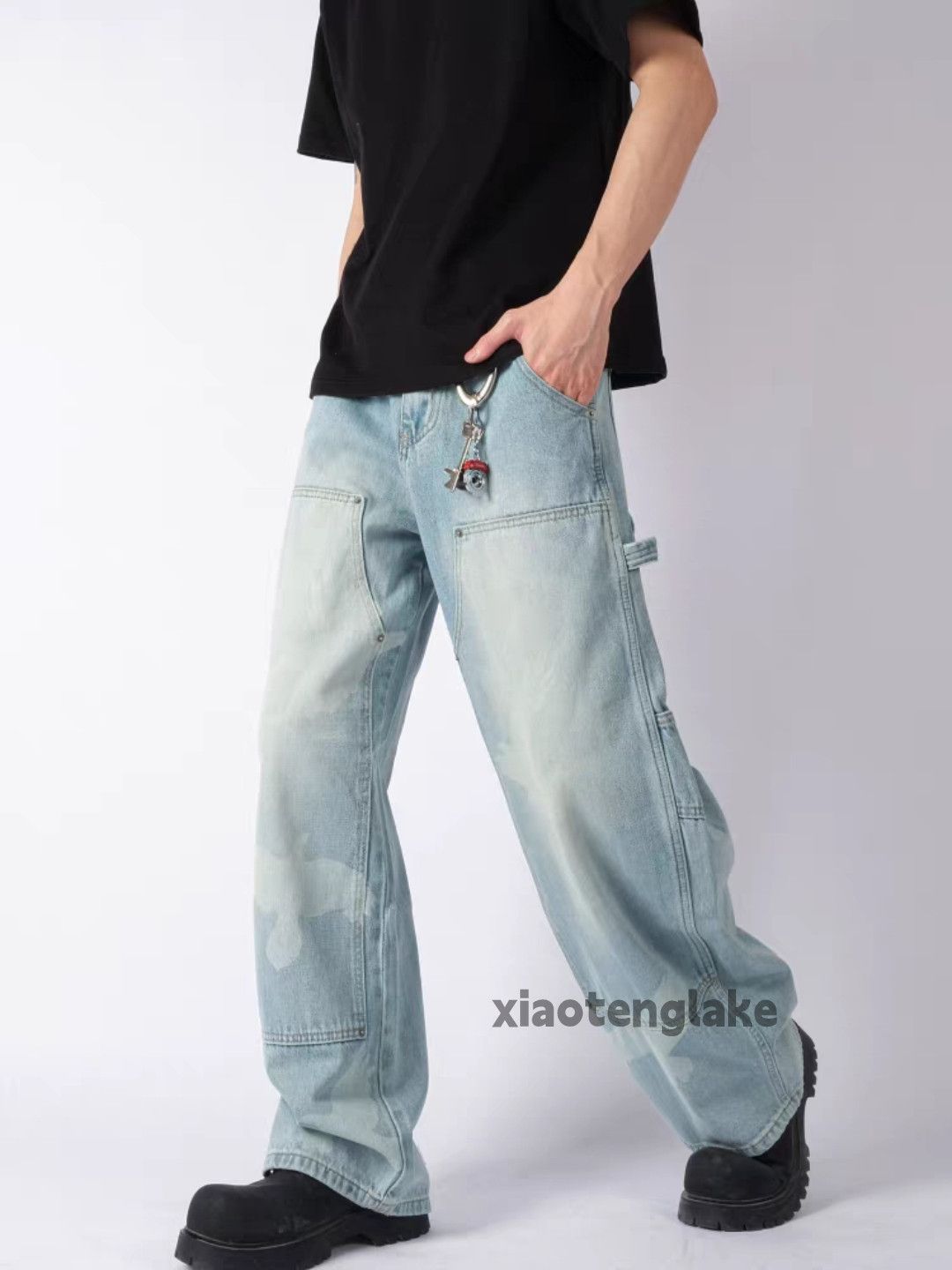 Jean Unisex washed faded loose baggy carpenter hiphop pants Size US 30 / EU 46 - 1 Thumbnail