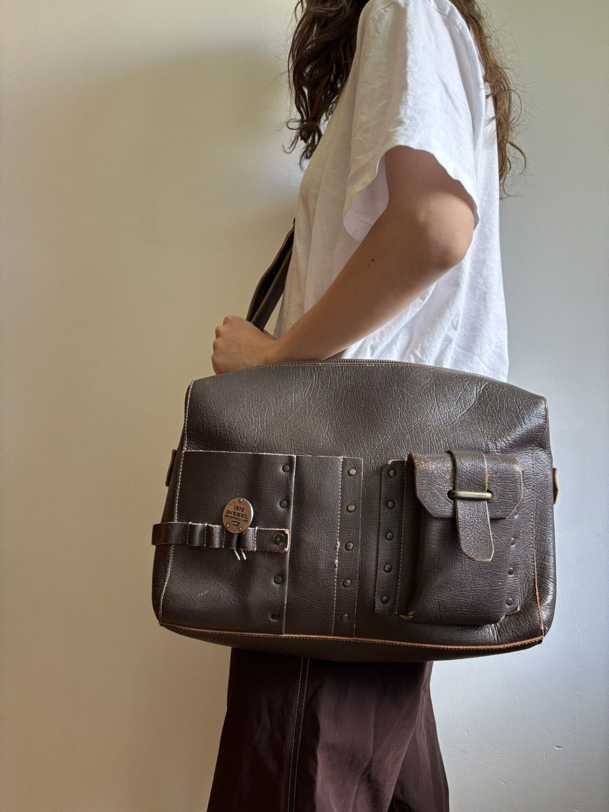 Vintage Diesel Genuine Leather Crossbody Bag Y2K Very in Brown, Men's