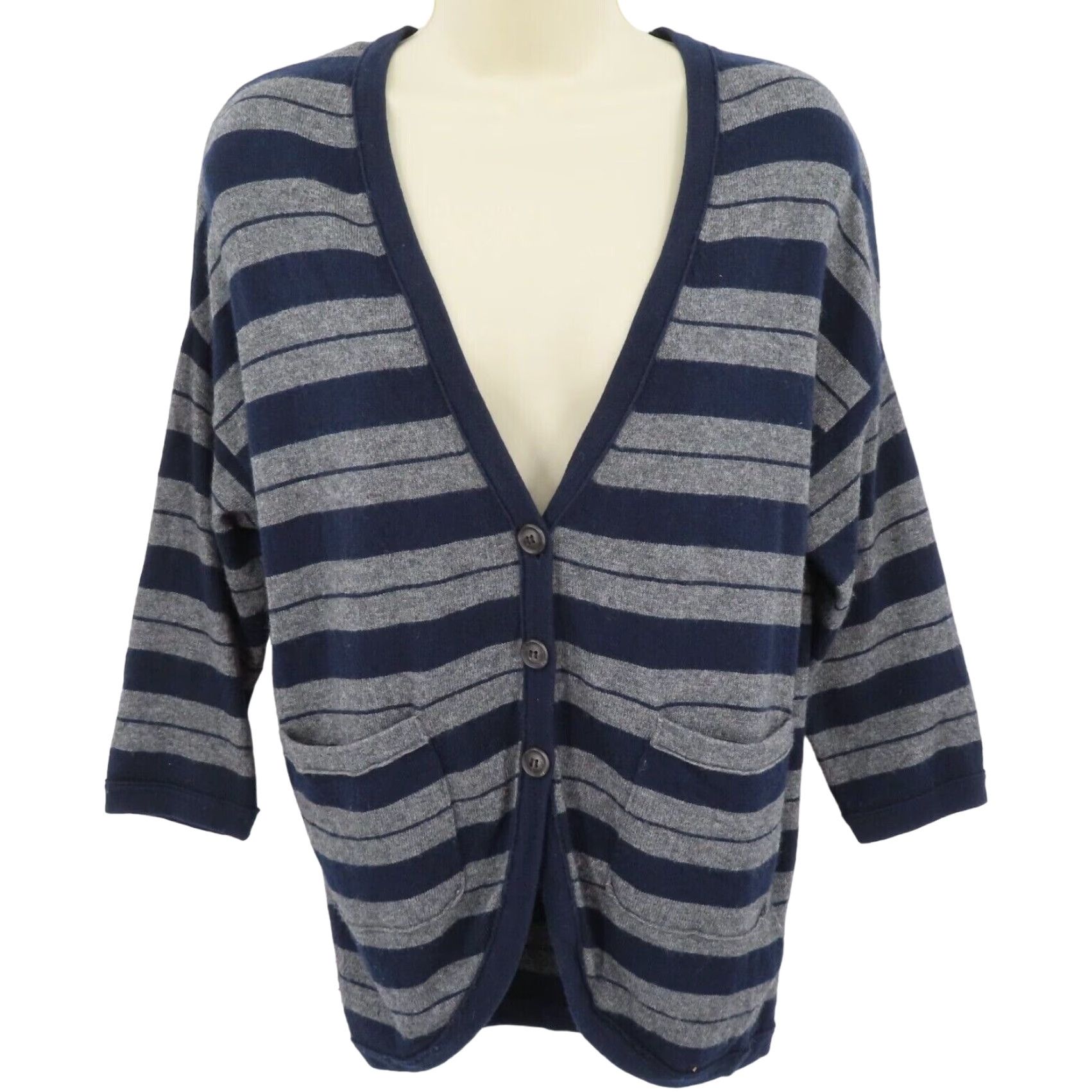 MZ Wallace Wallace Cardigan Sweater Women Small Gray Navy Striped V-Neck Button Wool Cashmere Knit Long Sleeve Regular Fit Size S / US 4 / IT 40 - 2 Thumbnail