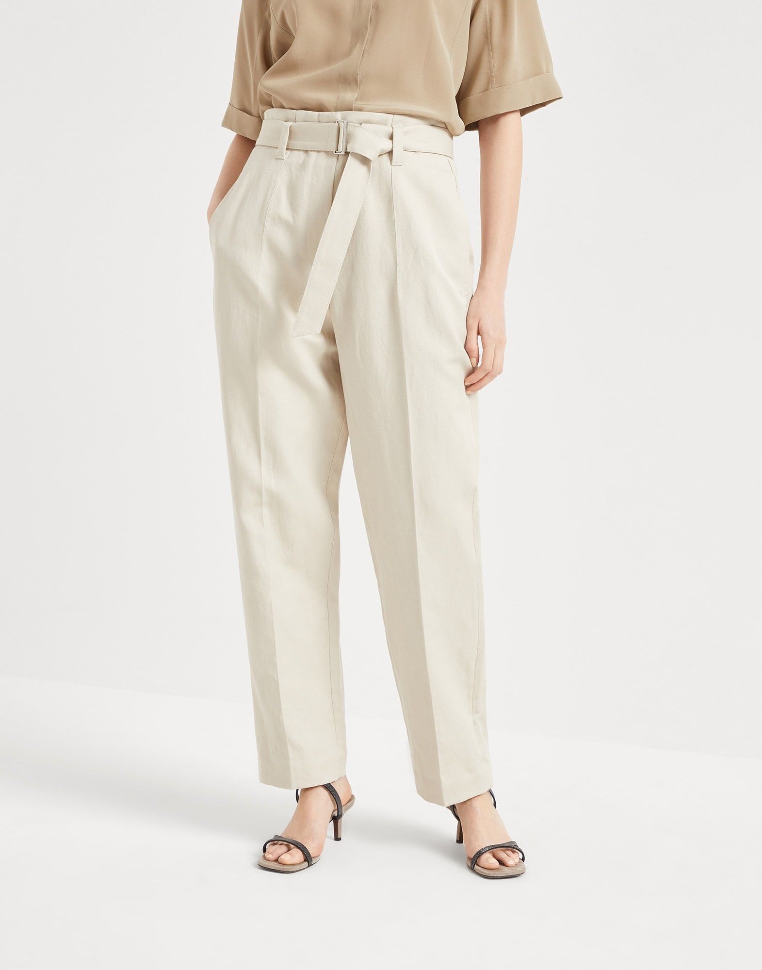 Brunello Cucinelli o1la1rc1a0326 Cotton and Linen Cigarette Trousers in Beige Size 25" / US 0 / IT 36 - 1 Thumbnail