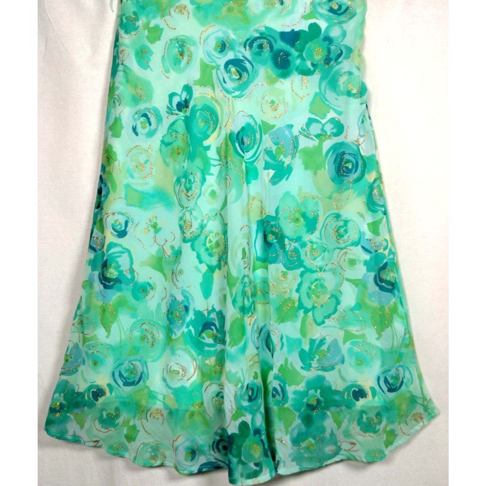 Vintage VINTAGE Dressbarn Skirt Midi Regular 8 Blue Green Gold Floral Semi-sheer Polyester Lined Zips Left Fairycore Easter Y2K Women Size 30" / US 8 / IT 44 - 2 Thumbnail