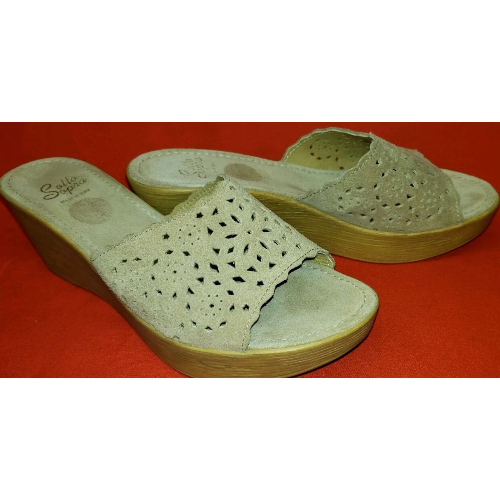 Vintage Sotto Sopra Slide Wedge Sandals Women's Beige Suede Perforated Crossover 7.5M Size US 8 / IT 38 - 5 Thumbnail