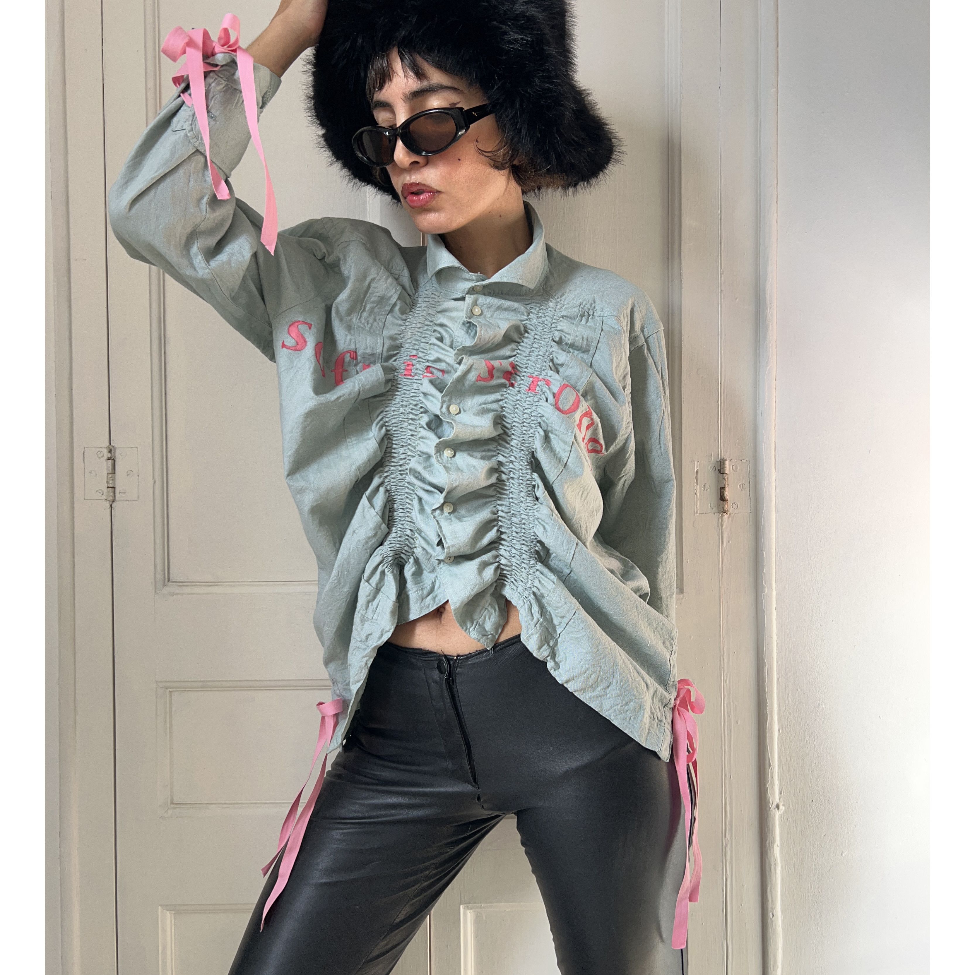 Custommade Reworked Vintage Ruffle Gren Shirt with Tied Cuffs Size XL / US 12-14 / IT 48-50 - 1 Thumbnail