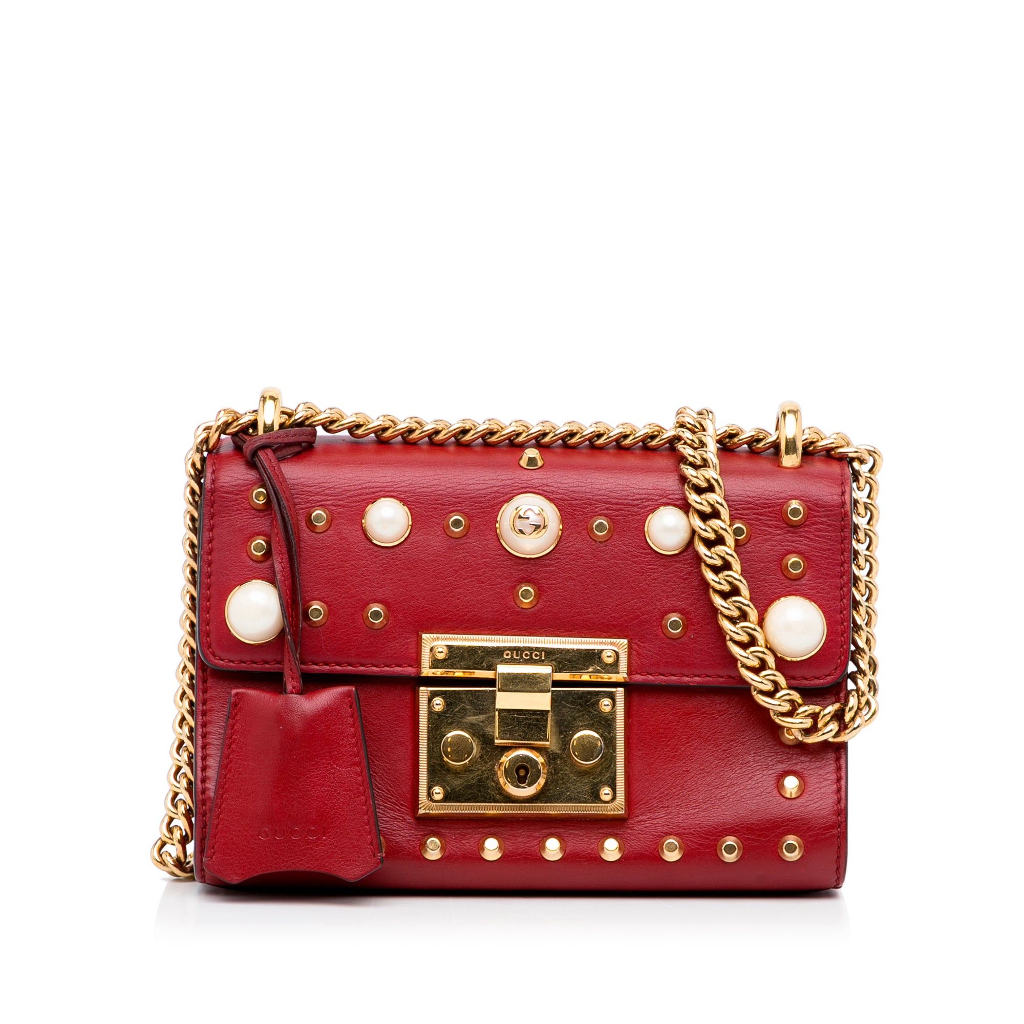 Gucci Small Leather Pearl Studded Padlock Crossbody Bag Red