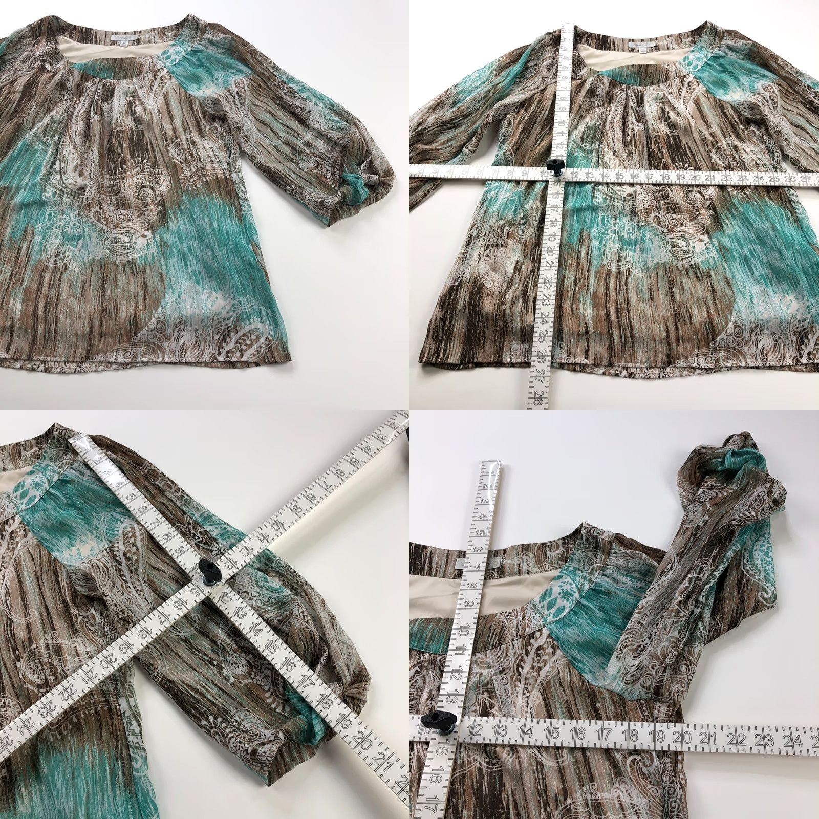 Vintage Dressbarn Blouse Shirt Dressbarn XL Whimsy Smocked BOHO Abstract Top Sheer Sleeve Brown Blue Geometric Long Sleeve Scoop Neck Casual Womens Girls Mens Size XL / US 12-14 / IT 48-50 - 8 Thumbnail