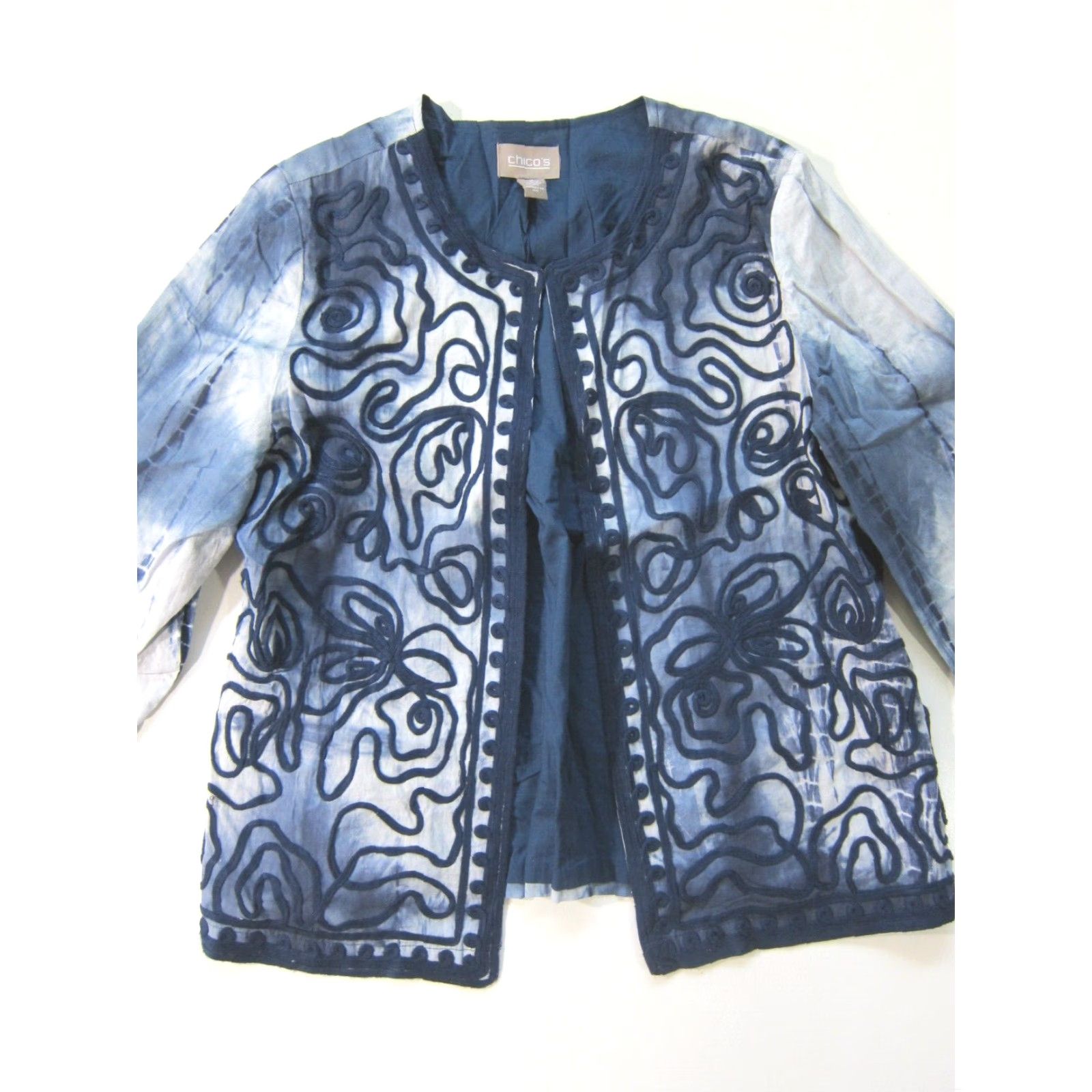 Vintage Chico's 100% Cotton Blue Tie Dye Embroidered Open Cardigan Jacket Women L Large Size L / US 10 / IT 46 - 5 Thumbnail