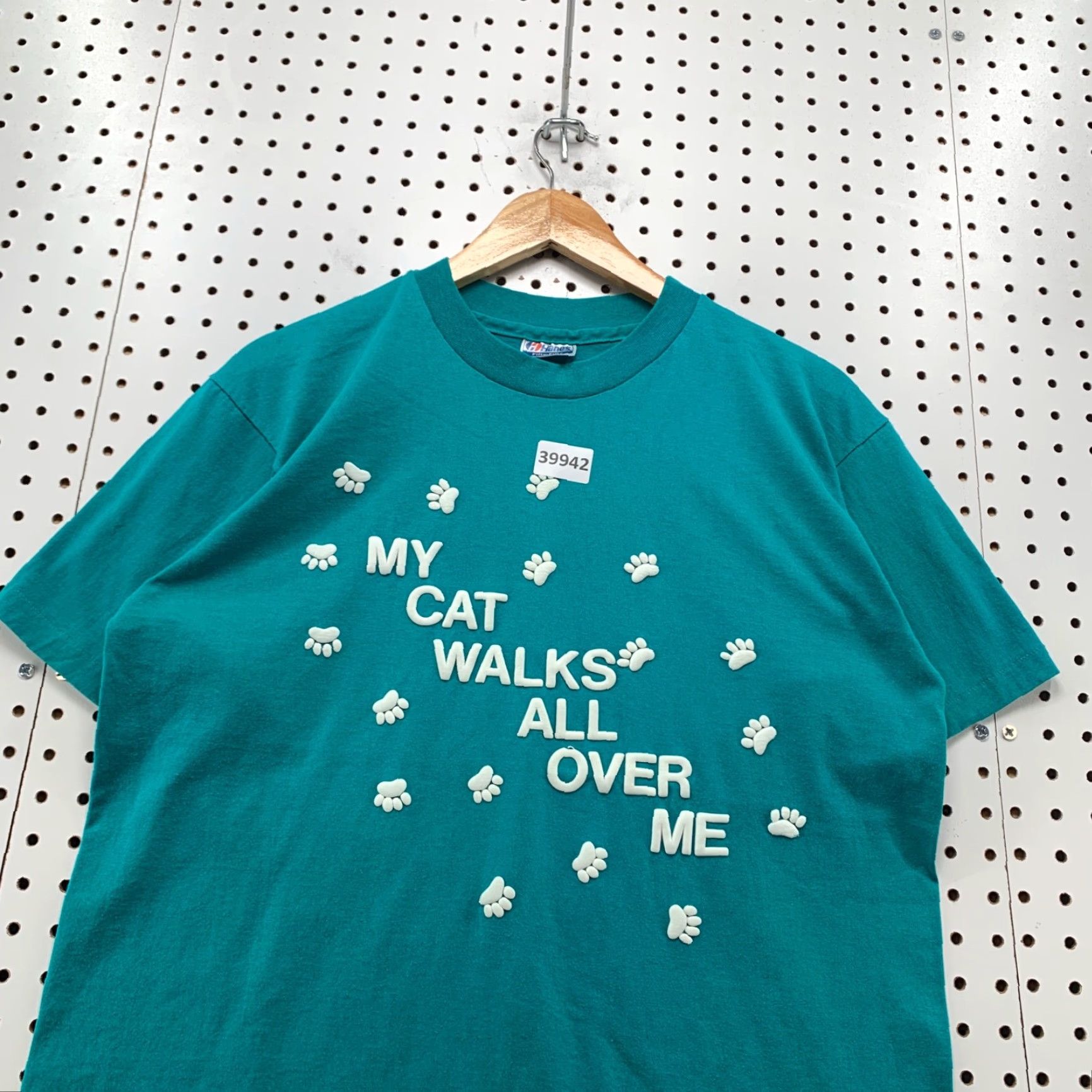Hanes VINTAGE 80s Hanes Funny Cat Paw Print T-Shirt Mens Large Green Graphic Print Made in USA Size US L / EU 52-54 / 3 - 6 Thumbnail