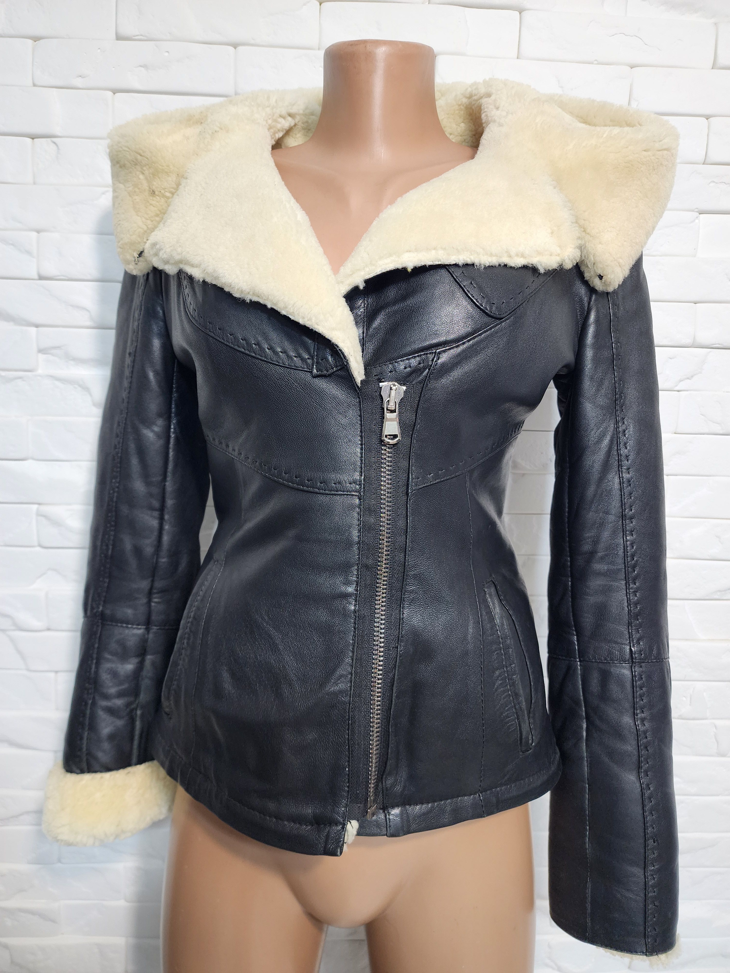 Genuine Leather Hooded Black Sheepskin Coat: Detachable Bottom Jacket Size XS / US 0-2 / IT 36-38 - 6 Thumbnail