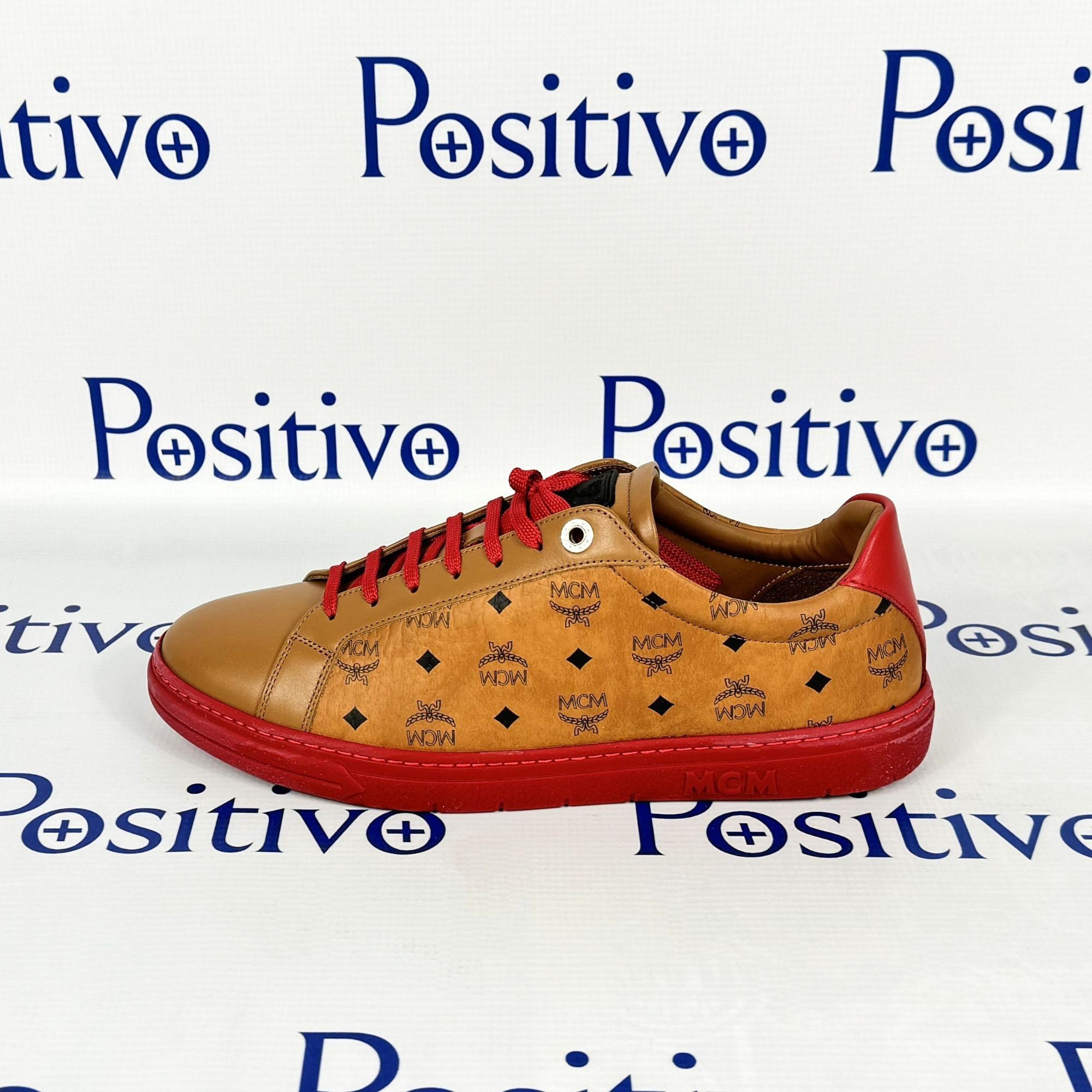 image of MCM Womens Terrain Lo Lychee Visetos Low Top Sneakers Us 9 in Red/Brown