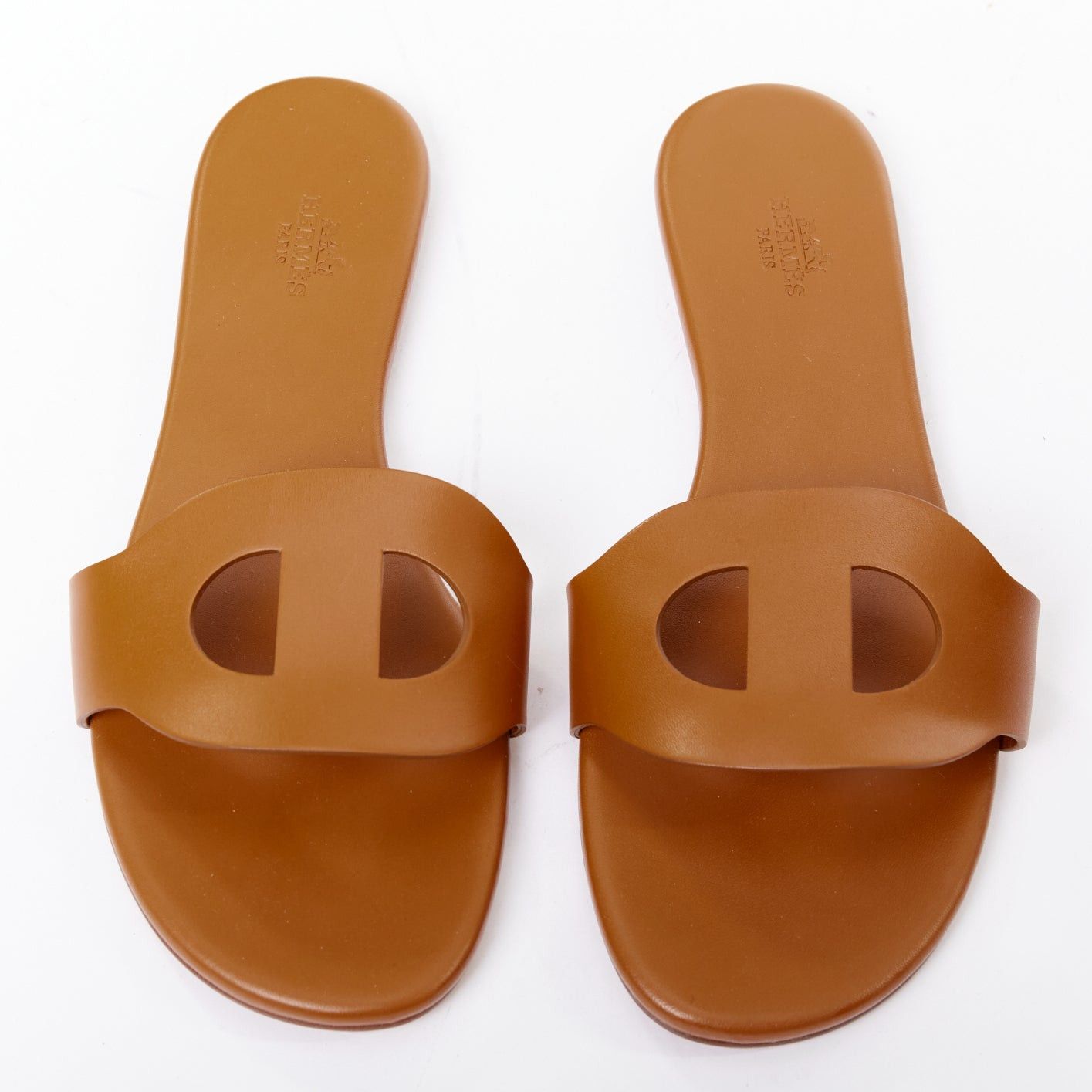 Hermes HERMES Lisboa Chaine d‚ÄôAncre brown leather cut out flat sandal slippers EU37.5 Size US 7.5 / IT 37.5 - 1 Thumbnail