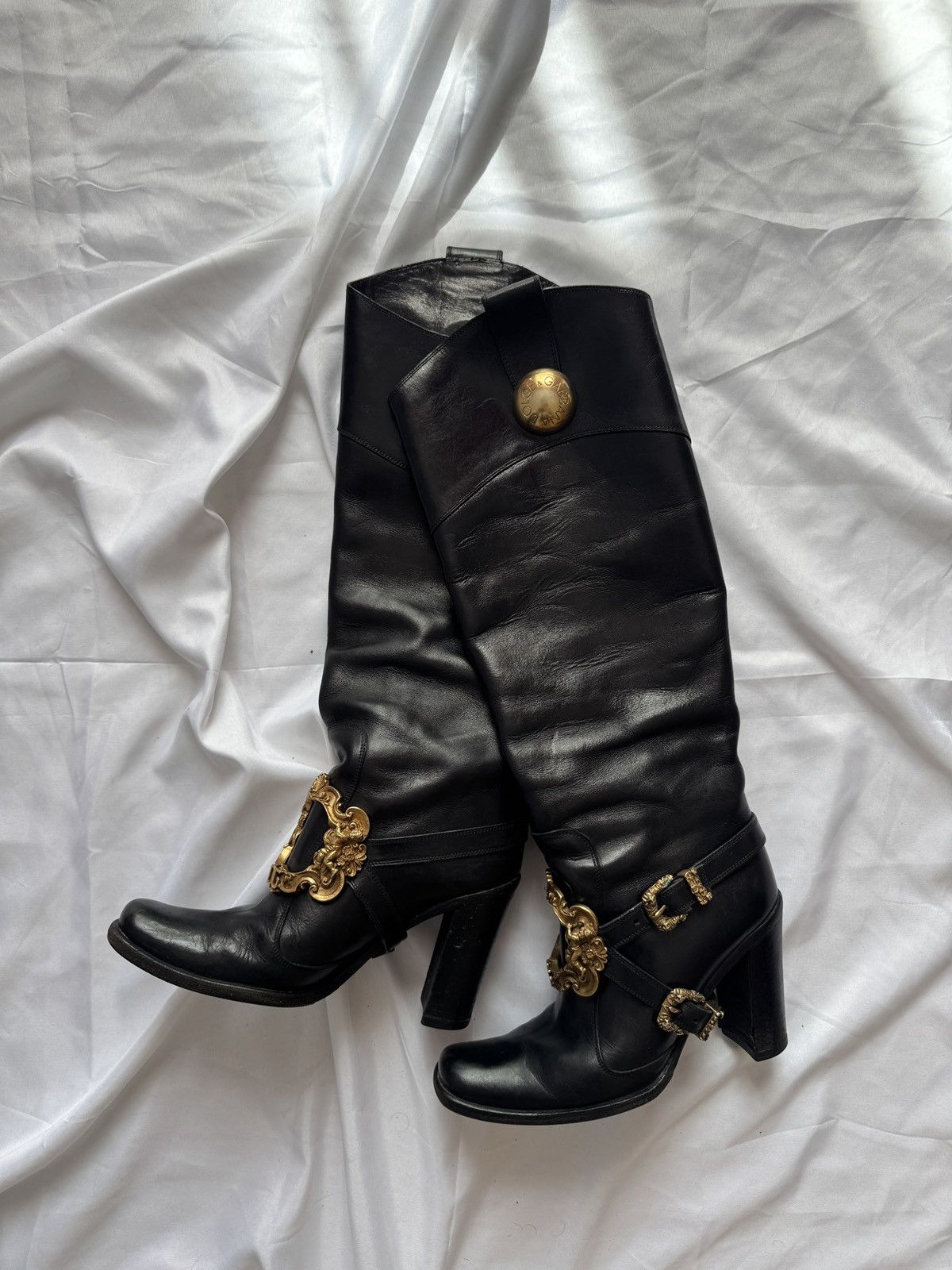 Dolce & Gabbana Dolce & Gabbana Black Leather Flower Embellished Knee Boots Size US 6 / IT 36 - 2 Thumbnail