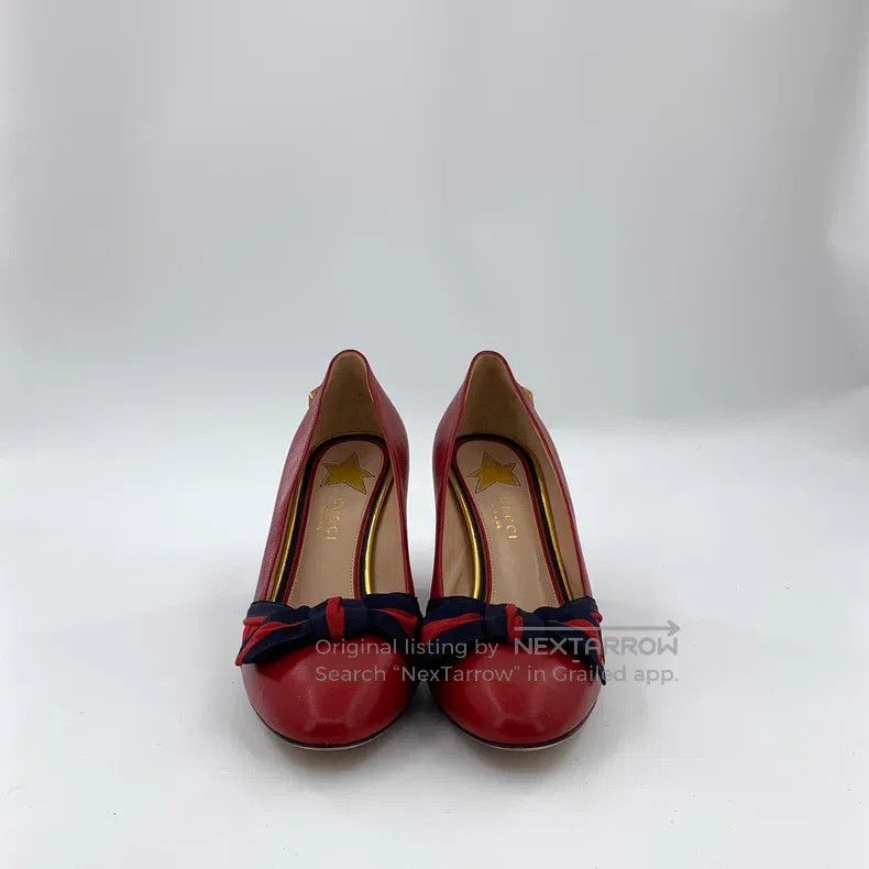 Gucci Gucci Red leather bow thick-heeled high-heeled shoes Size US 8.5 / IT 38.5 - 3 Thumbnail